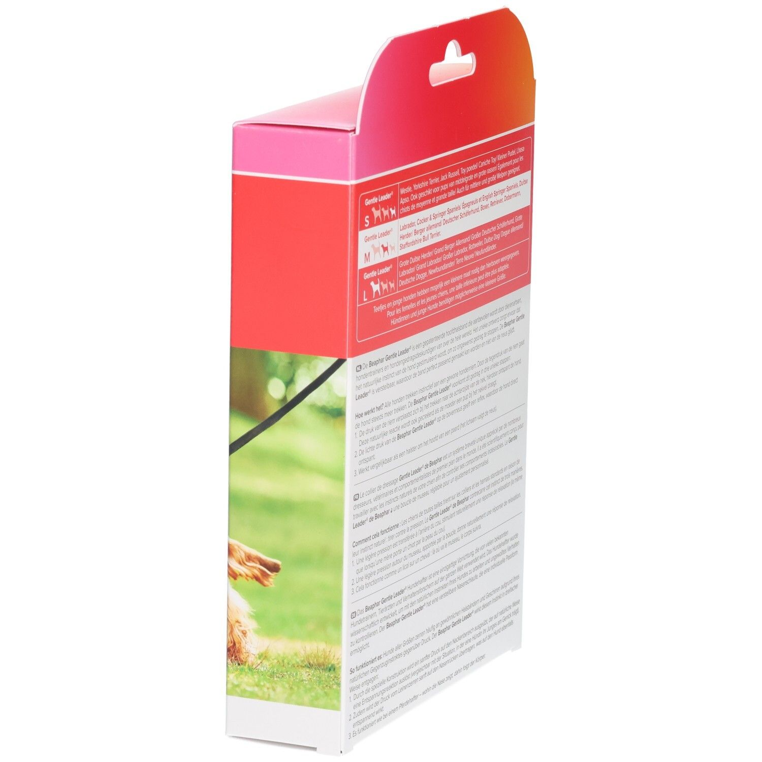 Seite der Beaphar Gentle Leader Verpackung. Text und Illustrationen. Schwarzes Halsband.