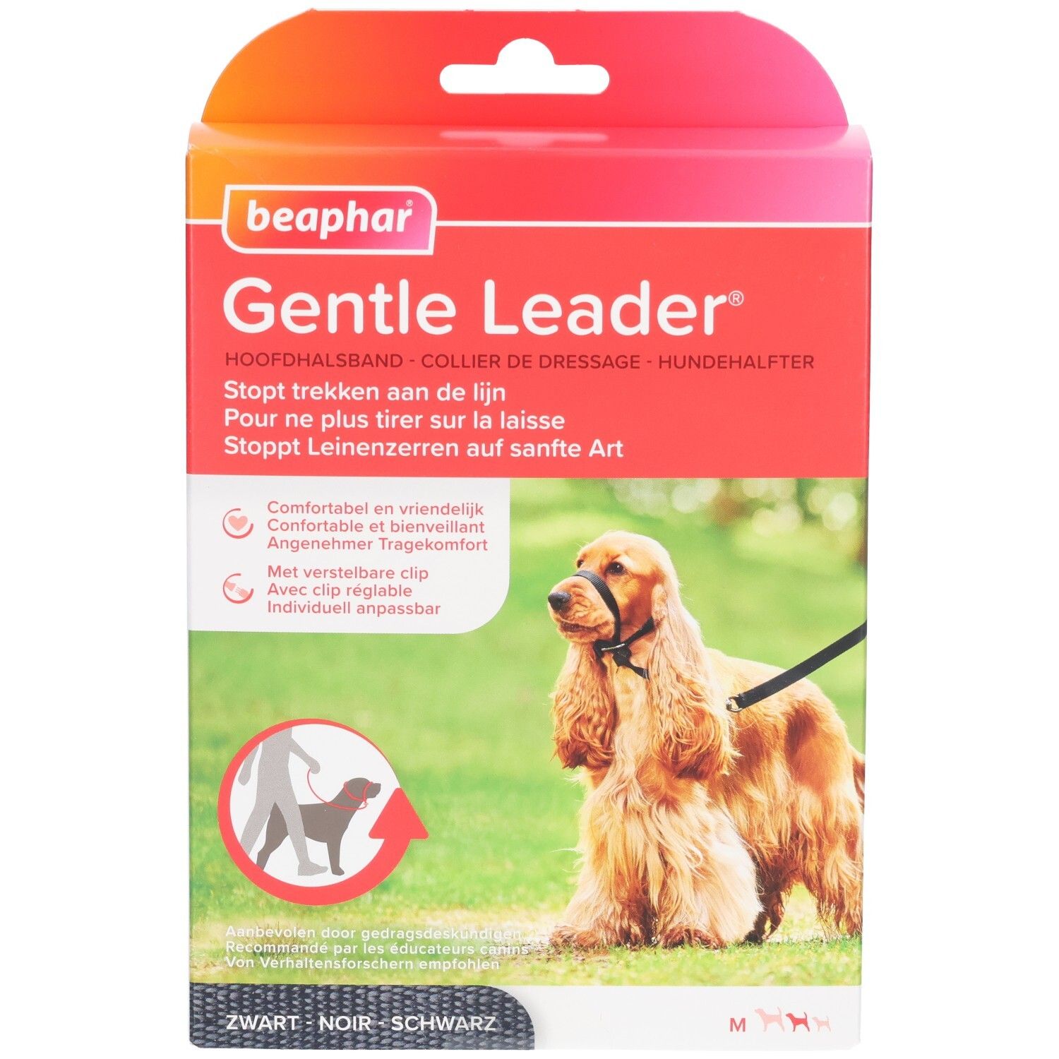 Beaphar Gentle Leader Verpackung. Schwarzes Halsband für mittelgroße Hunde. Produktabbildung mit Hund.