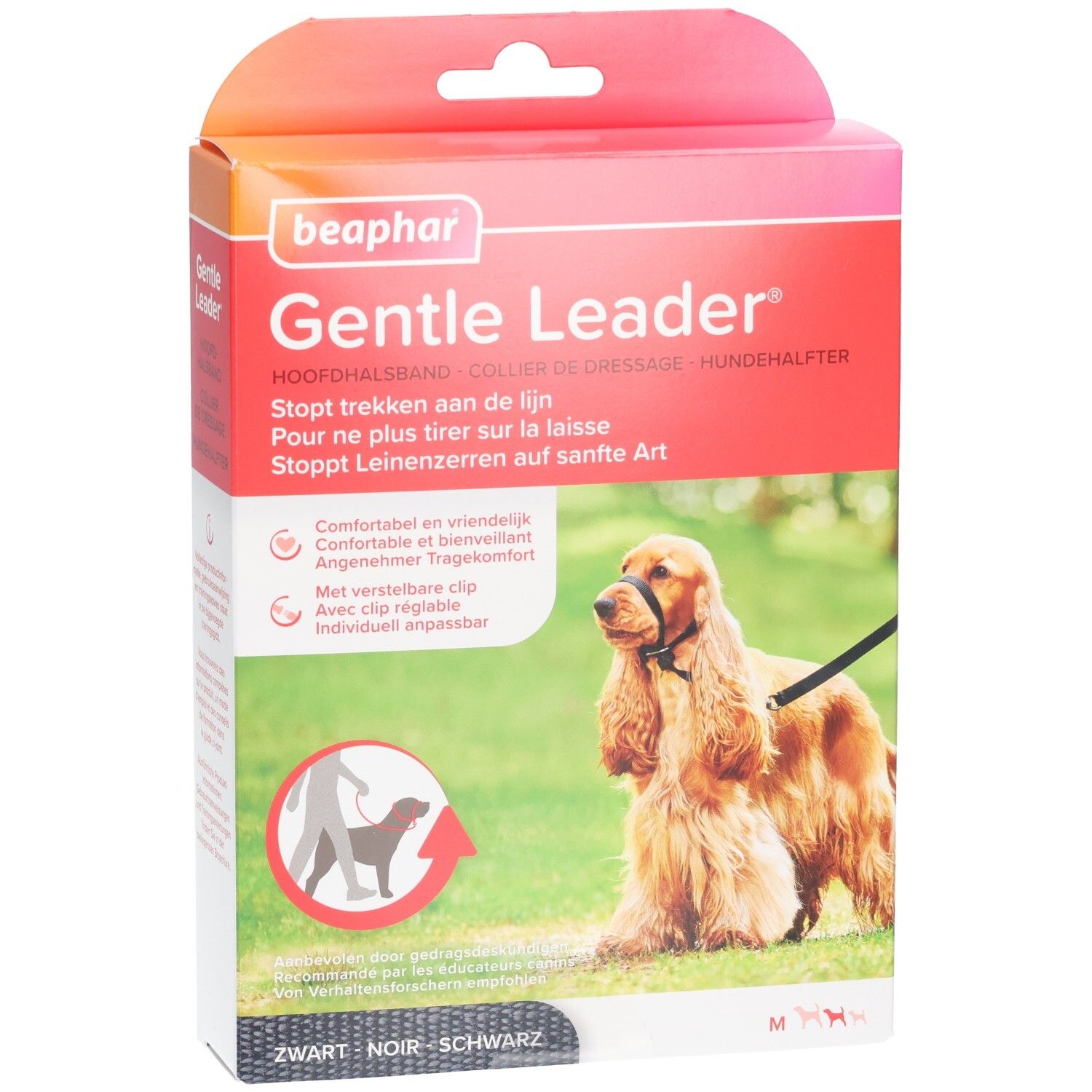 Beaphar Gentle Leader Verpackung. Schwarzes Halsband für mittelgroße Hunde. Produktabbildung mit Hund.