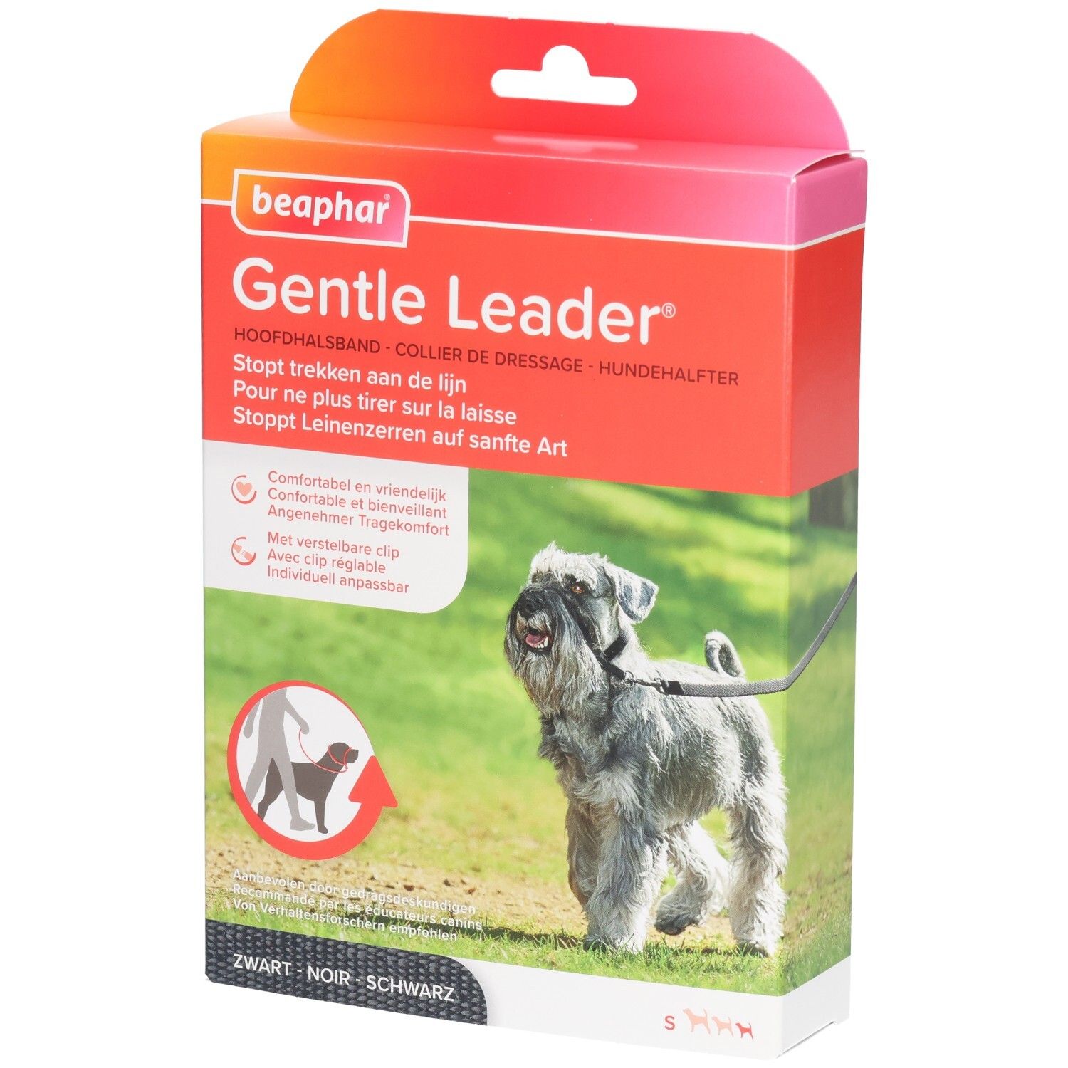 Beaphar Gentle Leader, collier noir pour petits chiens. Emballage avec chien sur l'herbe. Texte: Arrête de tirer sur la laisse.