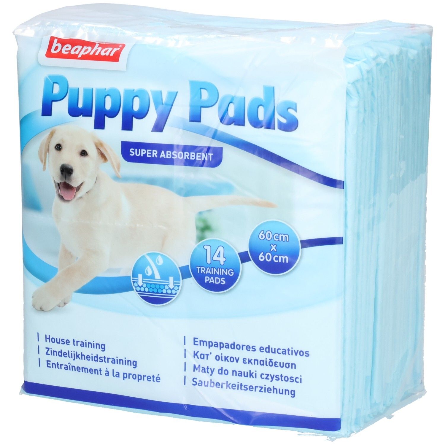 Paquet de coussinets pour chiots bleus. Inscription: Beaphar Puppy Pads, 14 pièces, 60x60cm. Image d'un chiot.