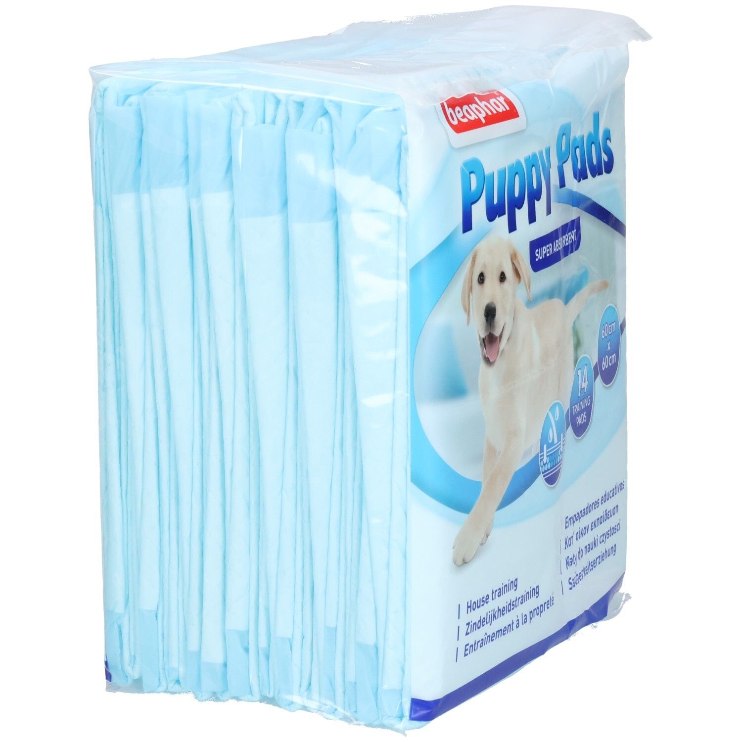 Paquet de coussinets pour chiots bleus. Inscription: Beaphar Puppy Pads. Image d'un chiot. Texte multilingue.