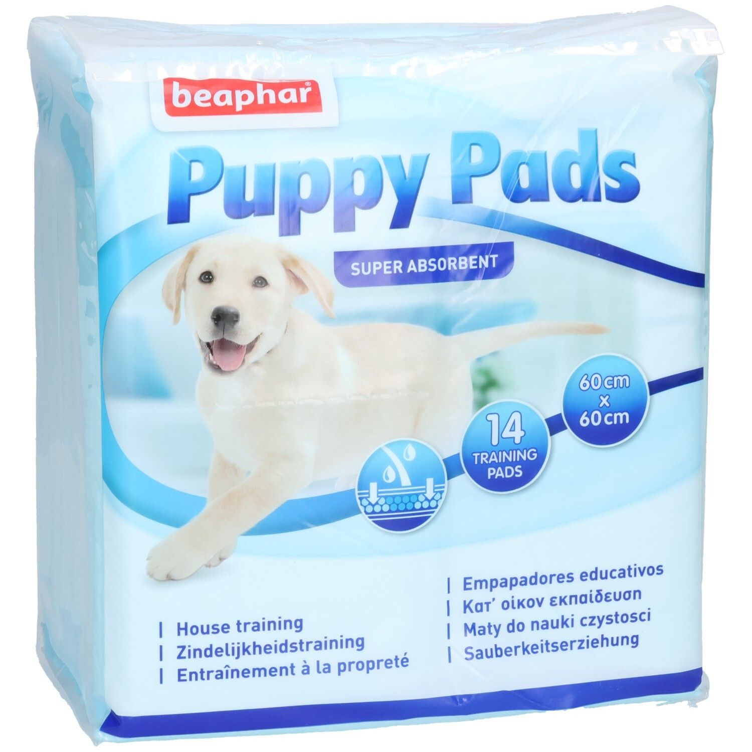 Paquet de coussinets pour chiots bleus. Inscription: Beaphar Puppy Pads, 14 pièces, 60x60cm. Image d'un chiot.