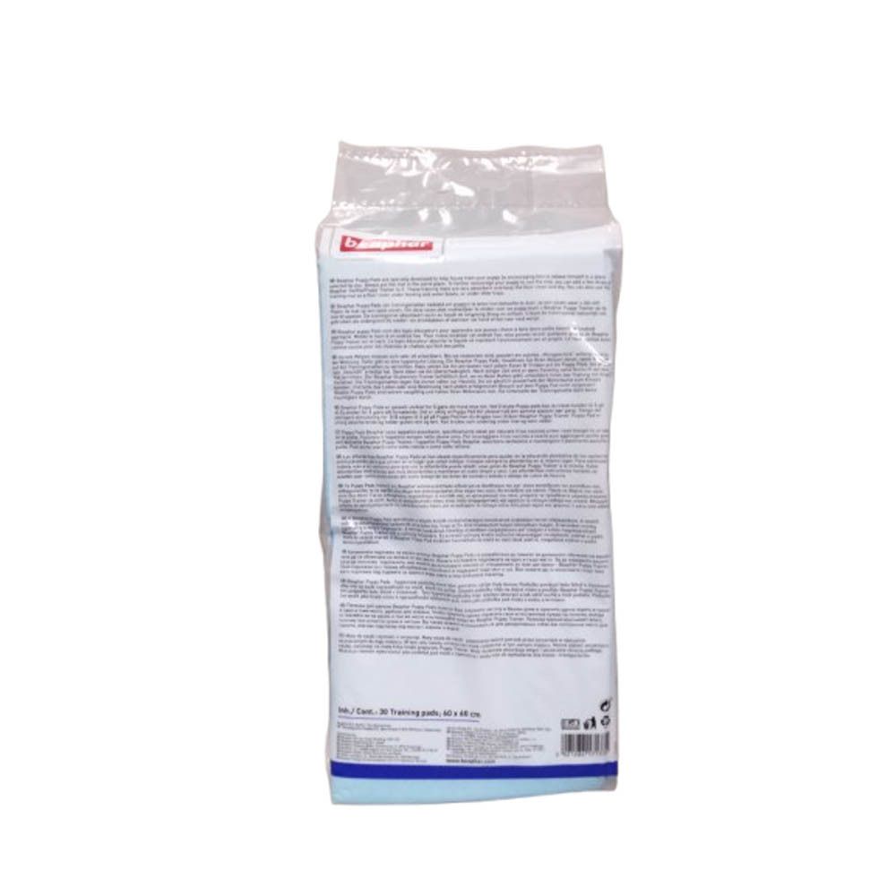 Rückseite der Puppy Pads Verpackung. Text in mehreren Sprachen. Blaue und weiße Farbgebung. Angaben zu den Pads.