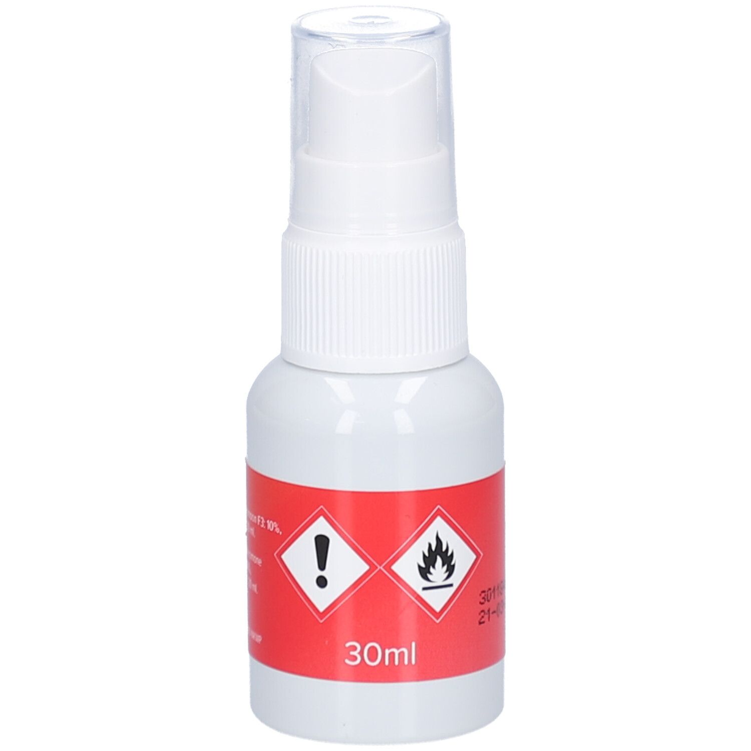 Weiße Sprühflasche mit rotem Aufkleber. Aufkleber mit Warnsymbolen und Volumenangabe 30ml.