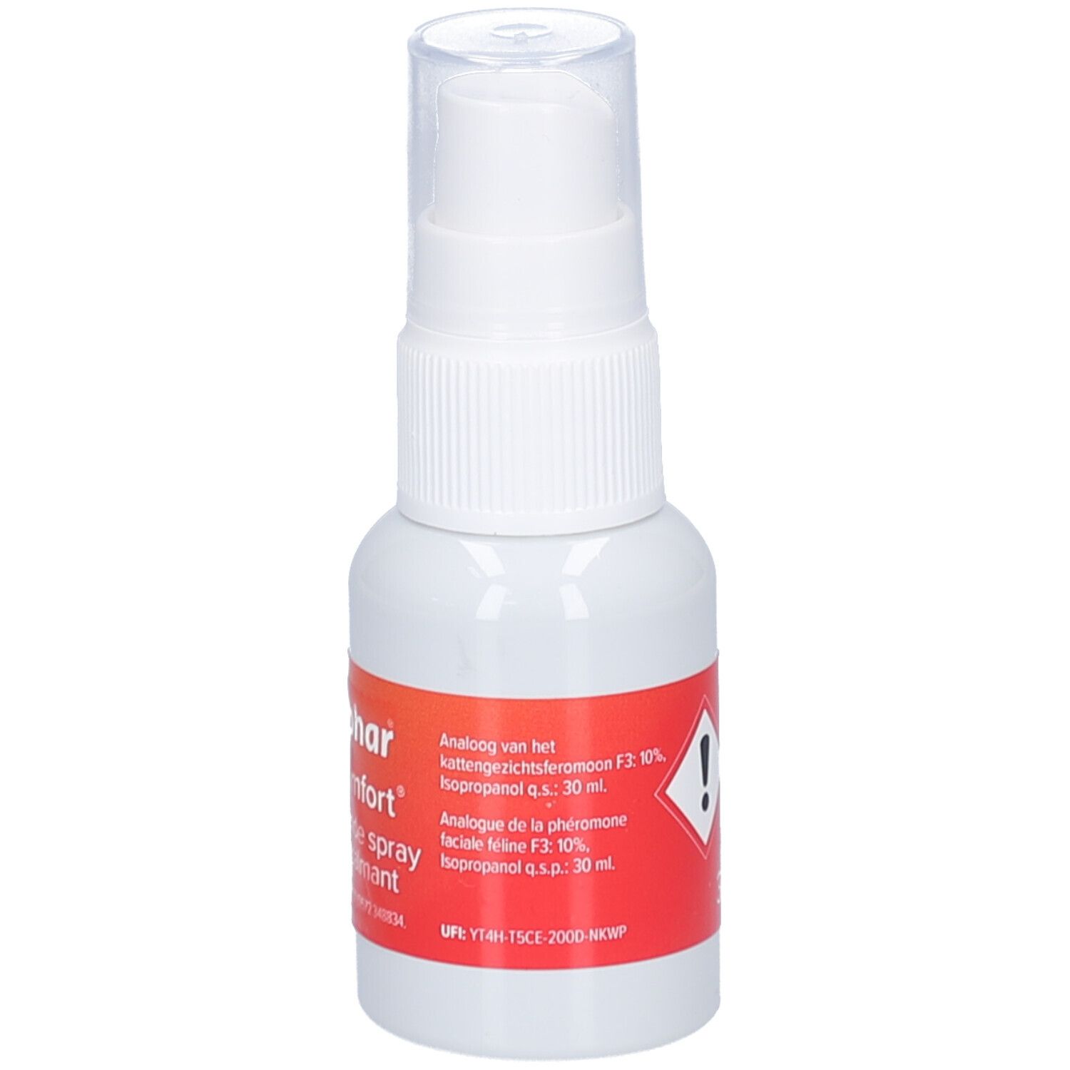Weiße Sprühflasche mit rotem Aufkleber. Aufkleber mit Produktinformationen und Warnsymbol.