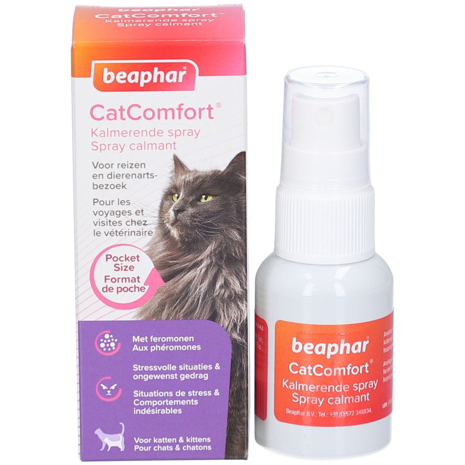 Produkt mit Verpackung. Weiße Sprühflasche neben einer Schachtel. Auf der Schachtel ist eine Katze abgebildet.