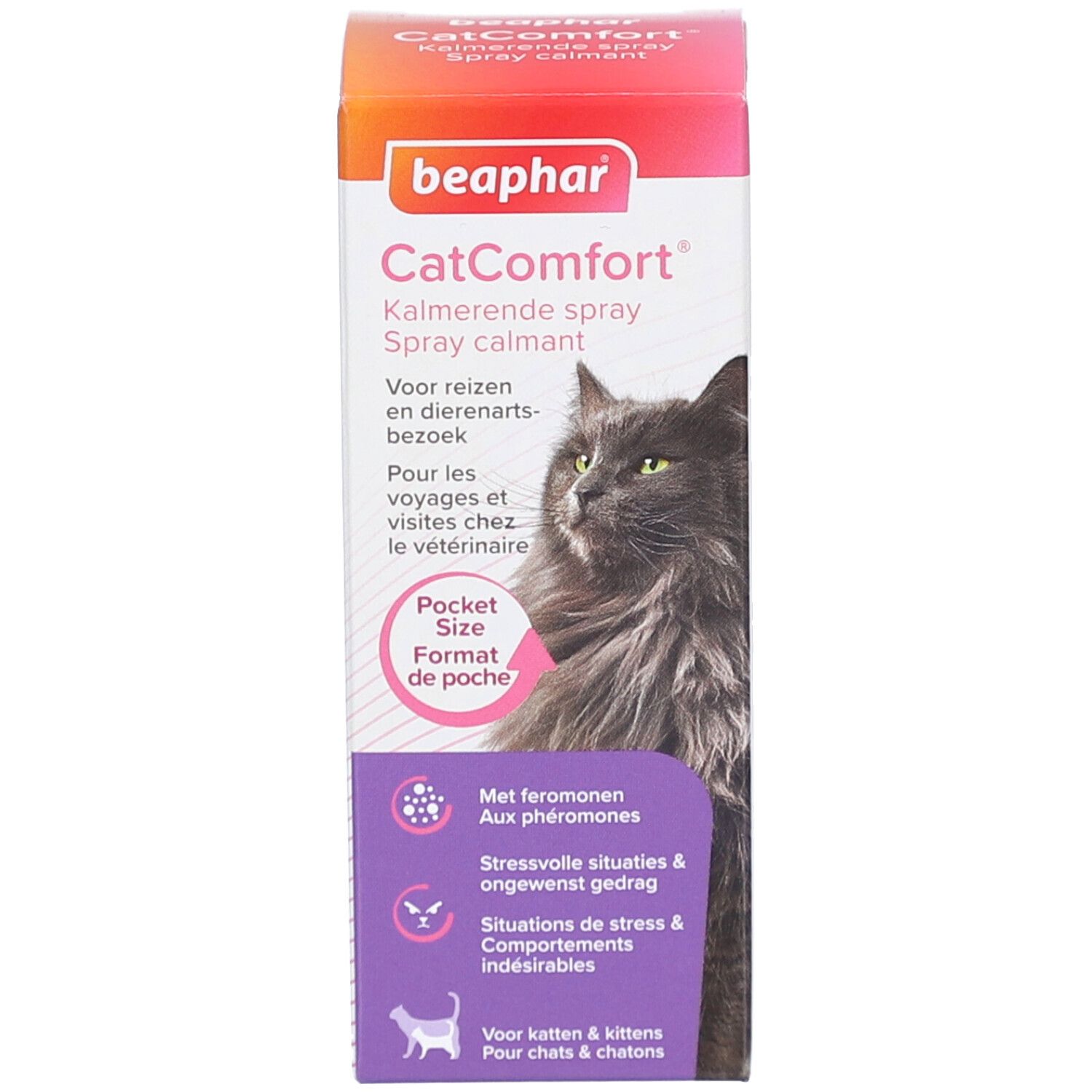 Produktverpackung. Schachtel mit Produktnamen, Katze und Produktinformationen.