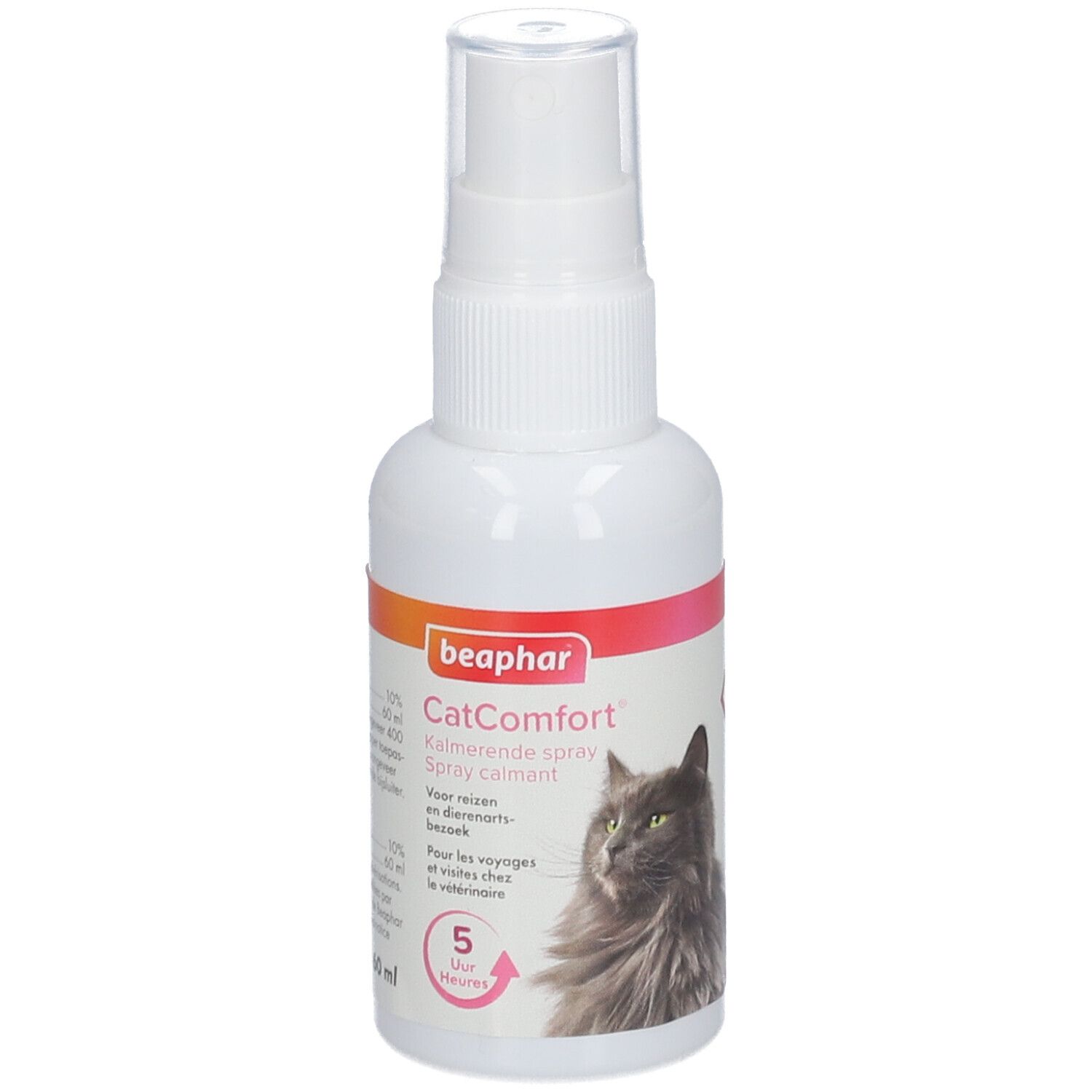 Weiße Sprühflasche mit Beaphar CatComfort. Enthält 60 ml. Abbildung einer Katze. 5 Stunden Wirkung.