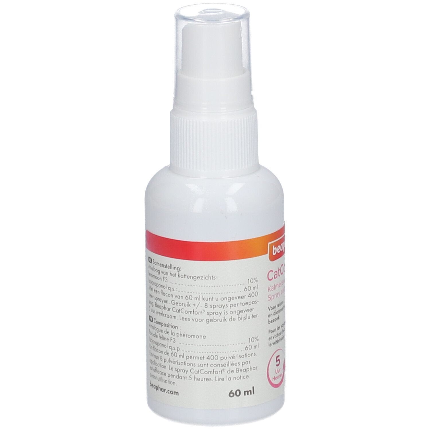 Weiße Sprühflasche mit Beaphar CatComfort. Enthält 60 ml. Inhaltsstoffe und Warnhinweise.