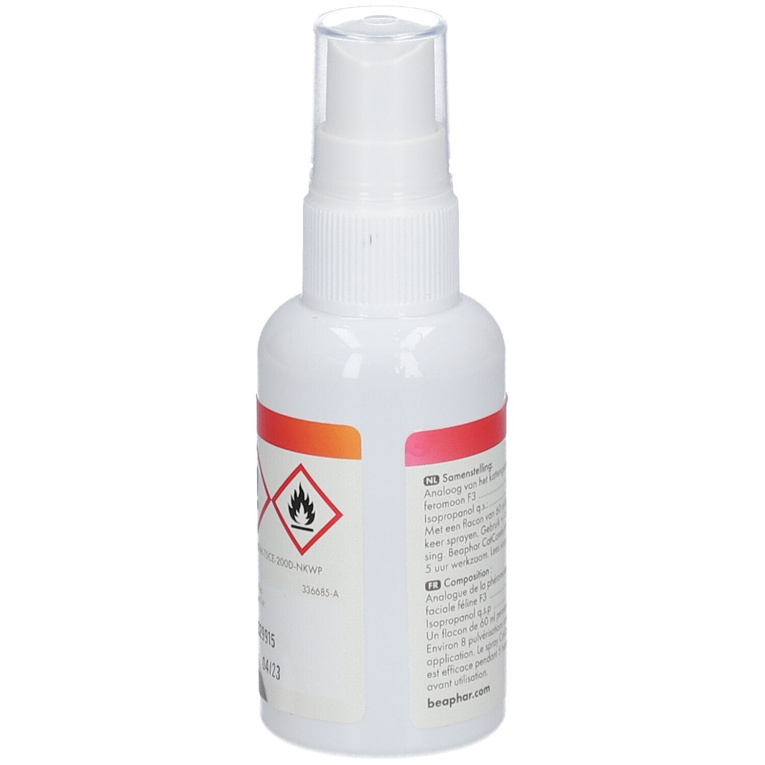 Weiße Sprühflasche mit Warnsymbolen. Enthält 60 ml. Gefahrensymbole und Inhaltsstoffe.