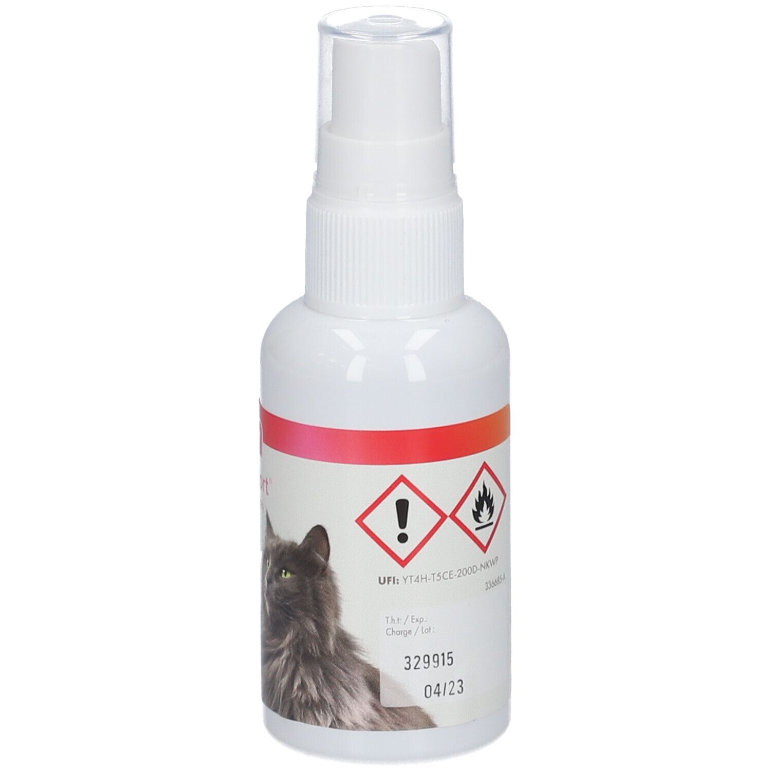 Weiße Sprühflasche mit Warnsymbolen. Enthält 60 ml. Gefahrensymbole und Haltbarkeitsdatum.