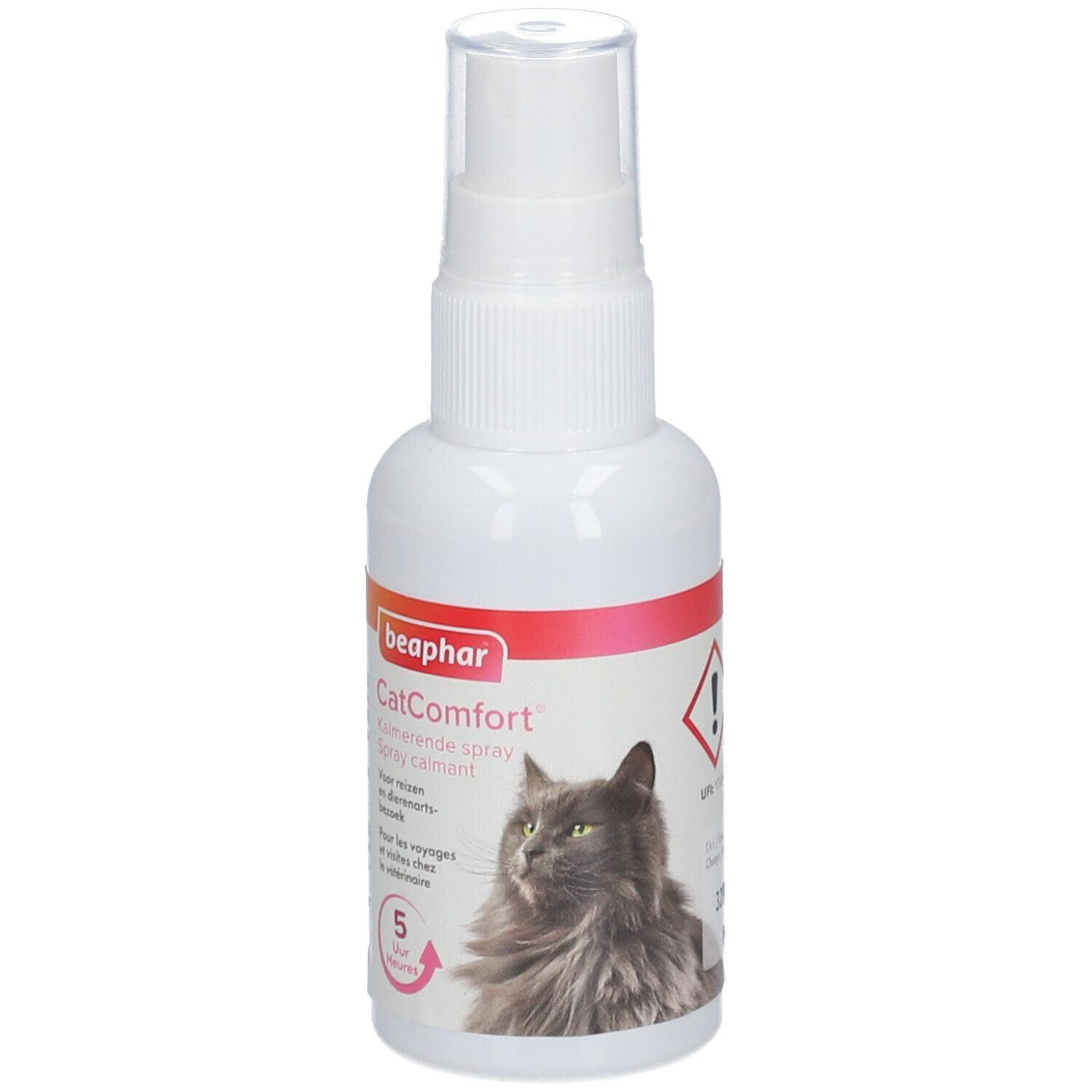 Weiße Sprühflasche mit Beaphar CatComfort. Enthält 60 ml. Abbildung einer Katze. 5 Stunden Wirkung.