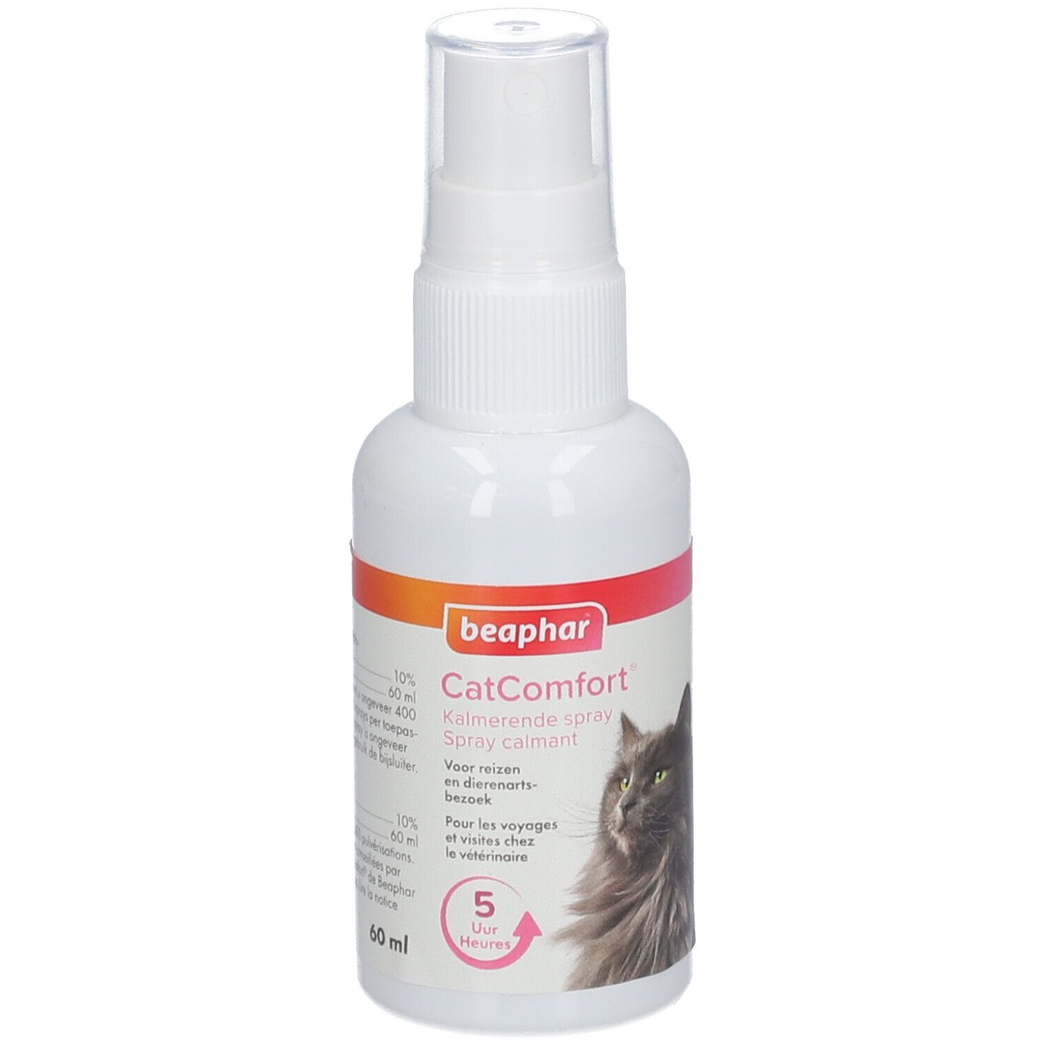 Weiße Sprühflasche mit Beaphar CatComfort. Enthält 60 ml. Abbildung einer Katze. 5 Stunden Wirkung.
