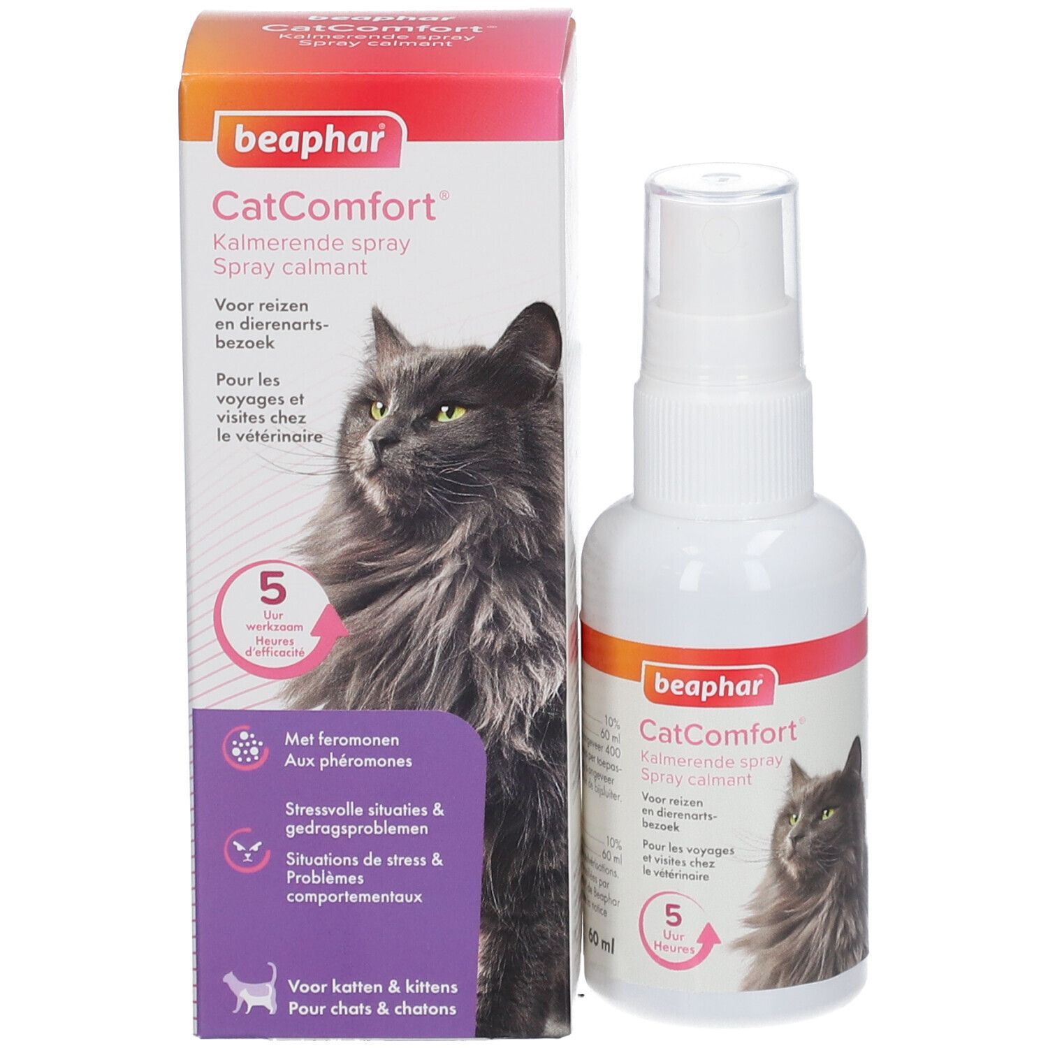 Beaphar CatComfort Spray und Verpackung. Enthält 60 ml. Abbildung einer Katze. 5 Stunden Wirkung.