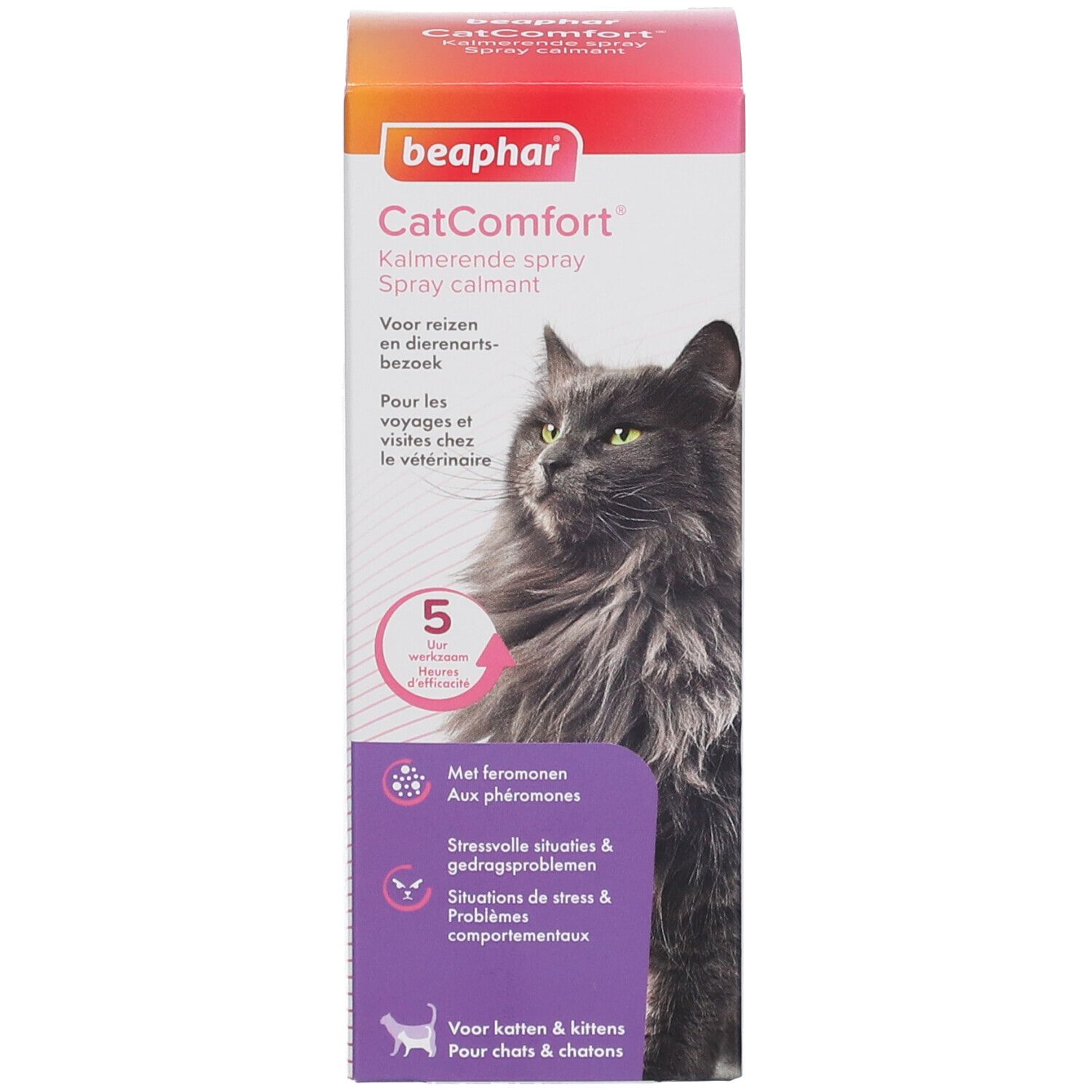 Verpackung von Beaphar CatComfort. Abbildung einer Katze. 5 Stunden Wirkung. Für Katzen und Kätzchen.