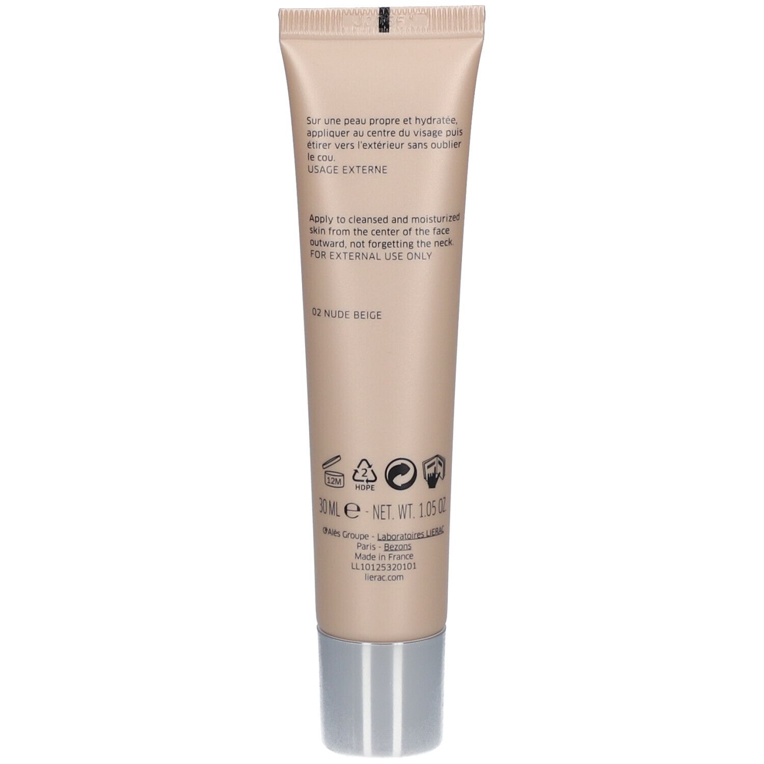 Rückseite der beigefarbenen Tube. Text: Anwendungshinweise, Inhaltsstoffe, Recycling-Symbole, 30ml, Netto 1.05oz, und Kontaktinformationen.