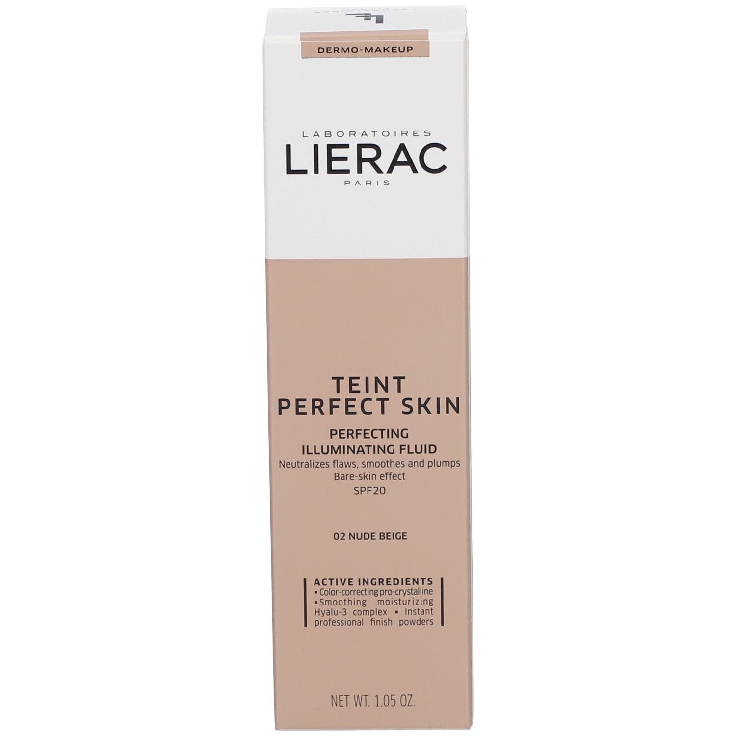 Kartonverpackung. Aufschrift: DERMO-MAKEUP, LIERAC PARIS, TEINT PERFECT SKIN, 02 Nude Beige, Netto 1.05 oz, Inhaltsstoffe.