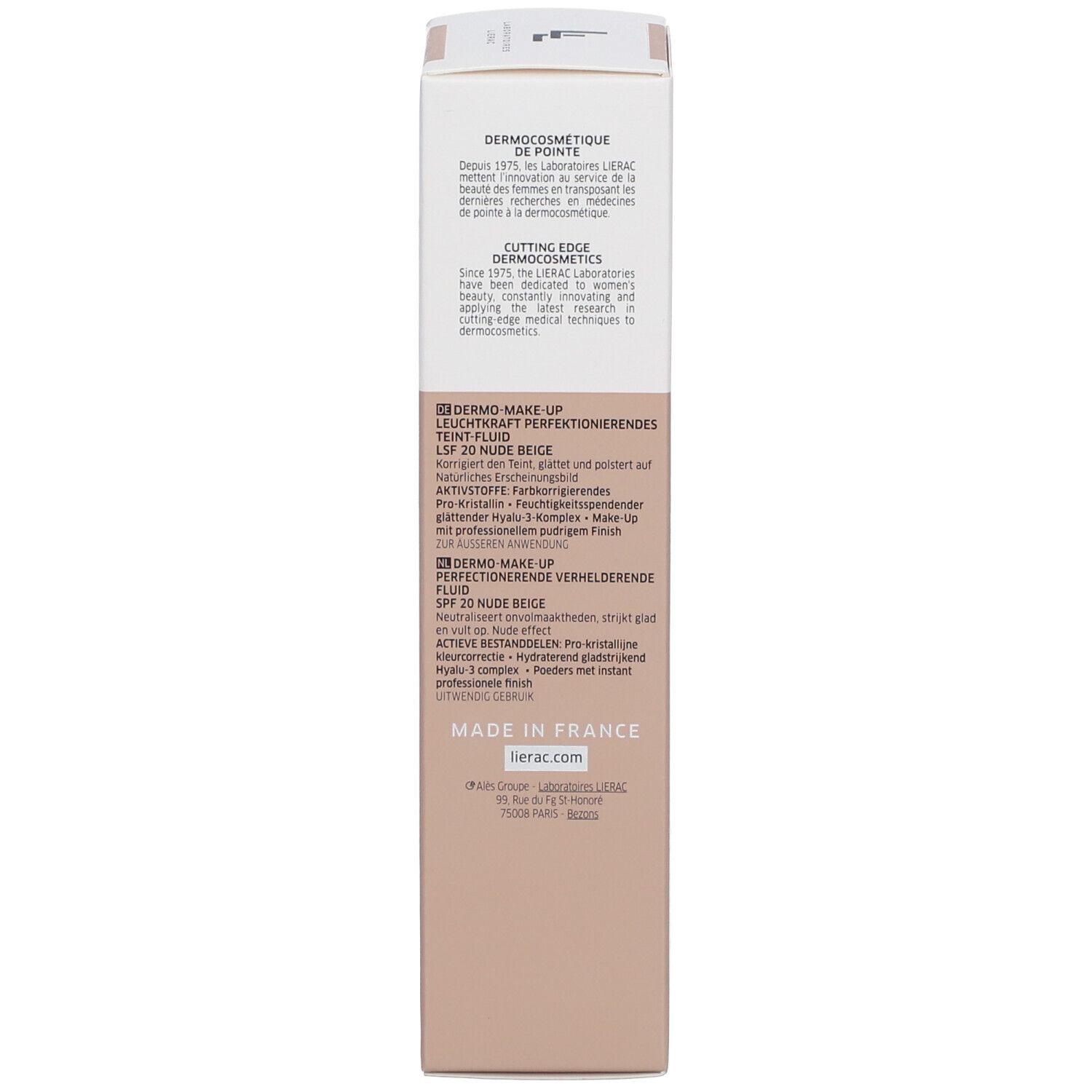 Seite der Kartonverpackung. Text: DERMOCOSMETIQUE, Produktbeschreibung, Inhaltsstoffe, Hergestellt in Frankreich, Kontaktinformationen.