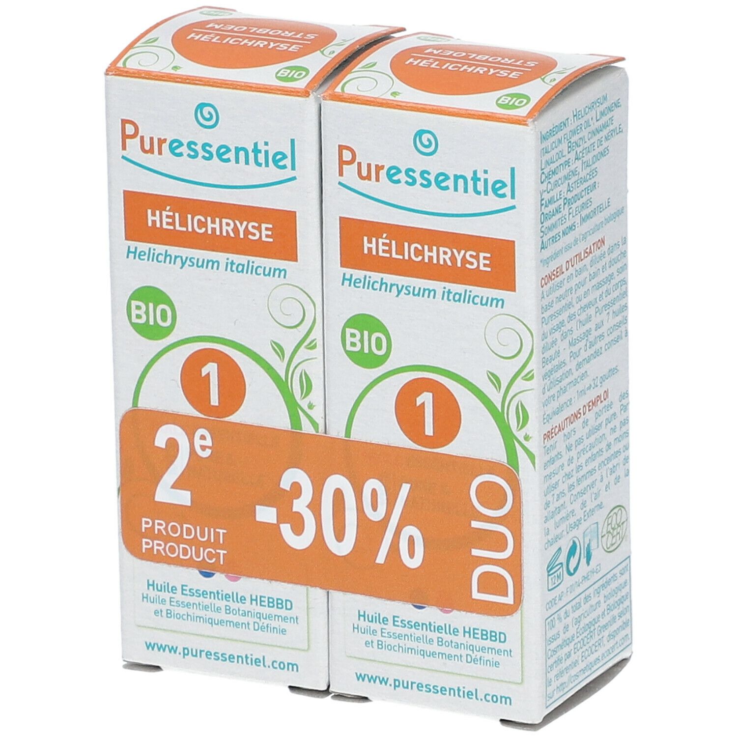 Zwei Kartons Puressentiel® Helichrysumöl Bio. Duo-Pack mit -30% Rabatt. Bio-Zertifizierung. Vorderansicht.