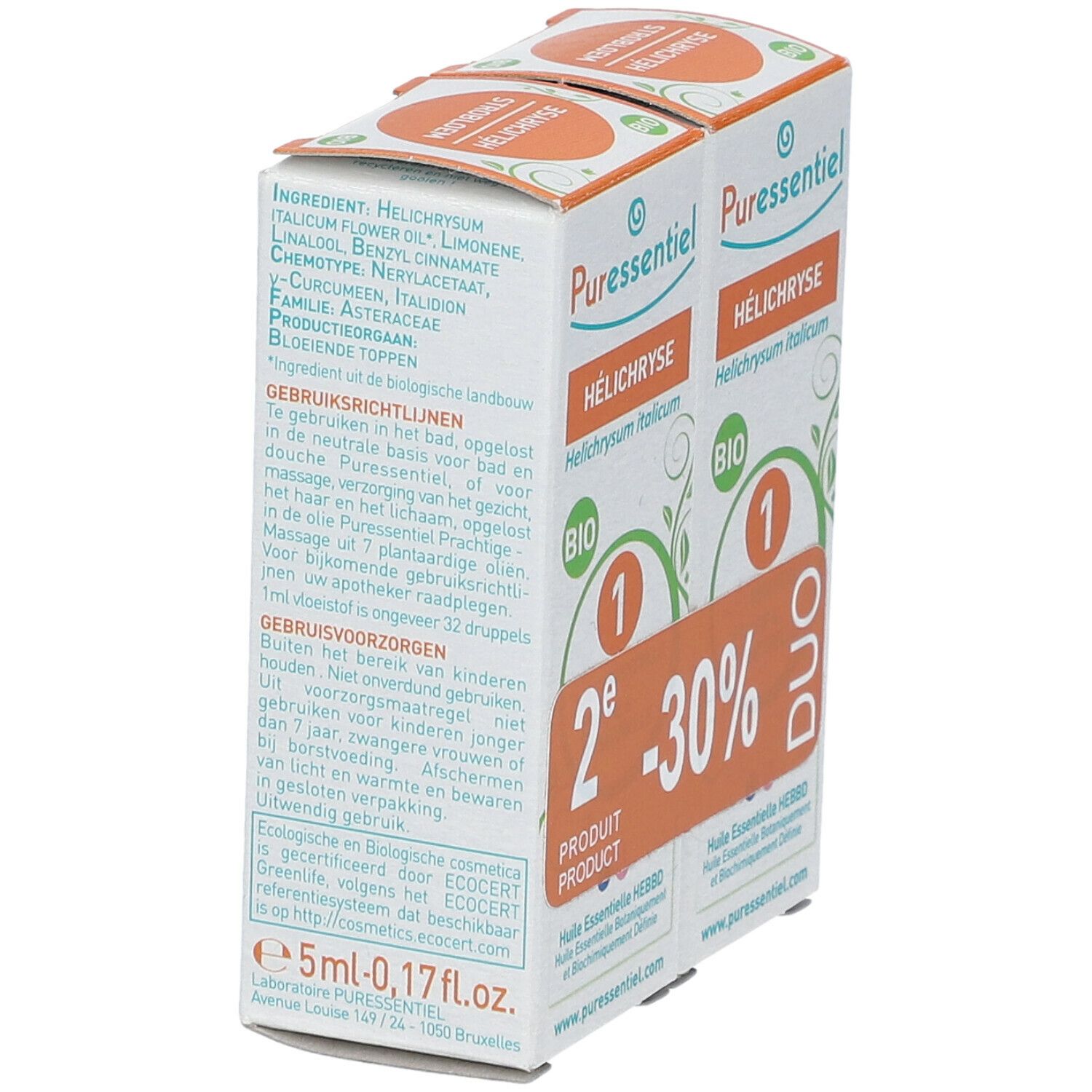 Puressentiel® Helichrysumöl Bio-Verpackung. Duo-Pack mit -30% Rabatt. Bio-Zertifizierung. Seitenansicht mit Inhaltsangaben.