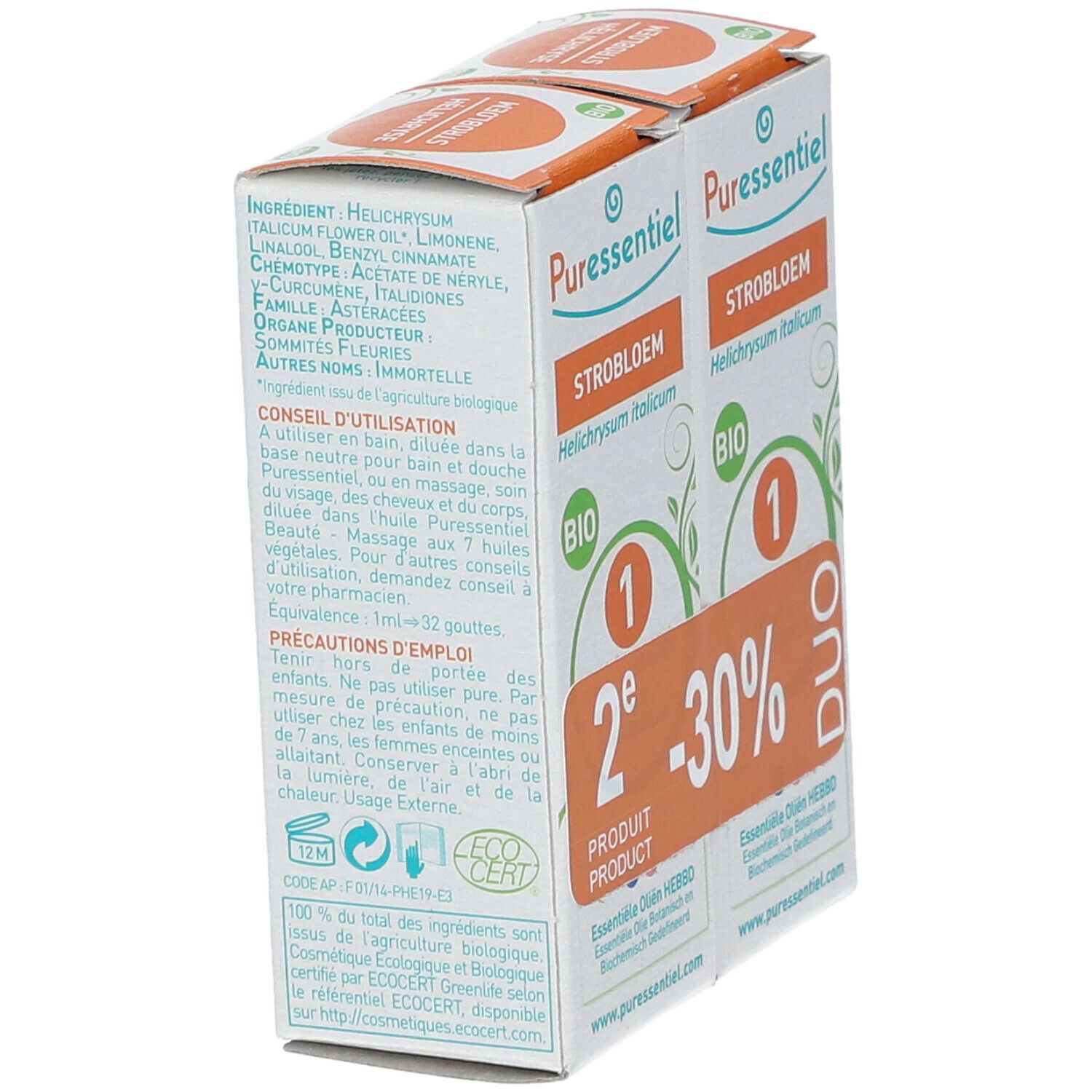 Puressentiel® Strohblume Bio-Verpackung. Duo-Pack mit -30% Rabatt. Bio-Zertifizierung. Seitenansicht mit Inhaltsangaben.