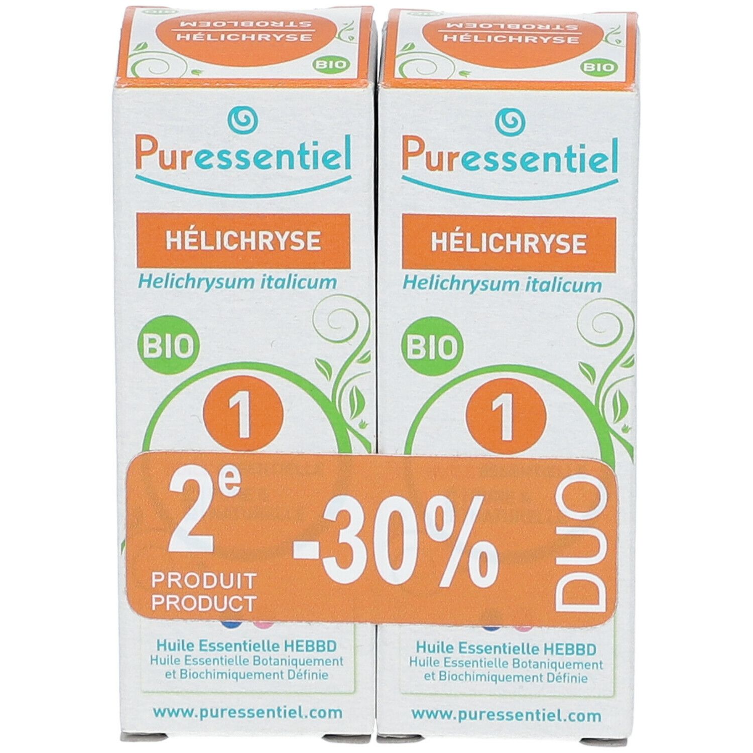 Zwei Kartons Puressentiel® Helichrysumöl Bio. Duo-Pack mit -30% Rabatt. Bio-Zertifizierung. Vorderansicht.