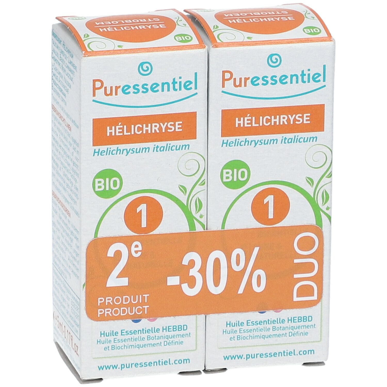 Zwei Kartons Puressentiel® Helichrysumöl Bio. Duo-Pack mit -30% Rabatt. Bio-Zertifizierung. Vorderansicht.