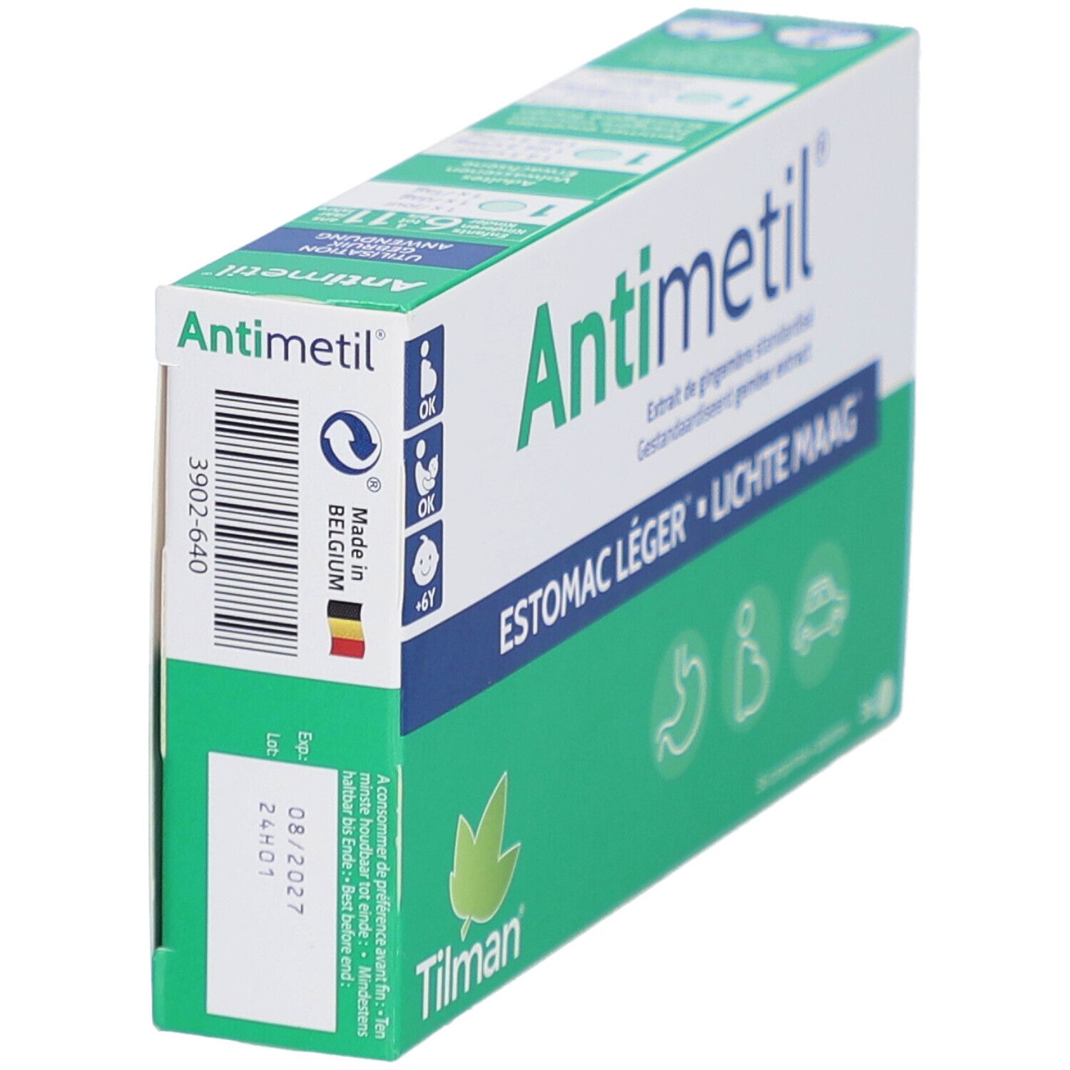 Antimetil®-Verpackung. Grün-weiße Schachtel mit Produktnamen und Illustrationen. 36 Tabletten.