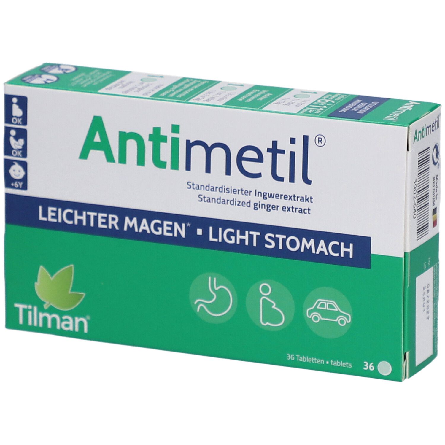 Antimetil®-Verpackung. Grün-weiße Schachtel mit Produktnamen und Illustrationen. 36 Tabletten.