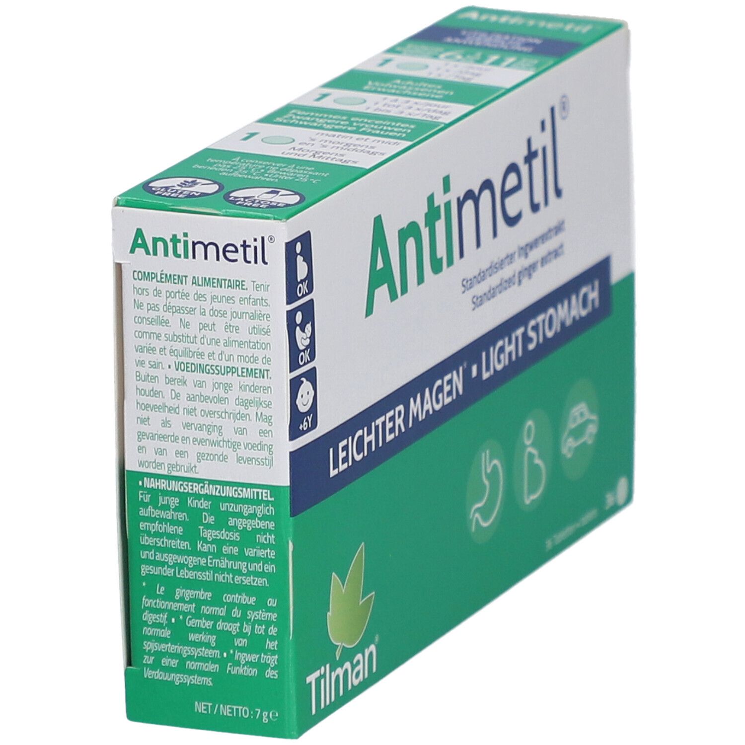 Antimetil®-Verpackung. Grün-weiße Schachtel mit Produktnamen und Illustrationen. 36 Tabletten.