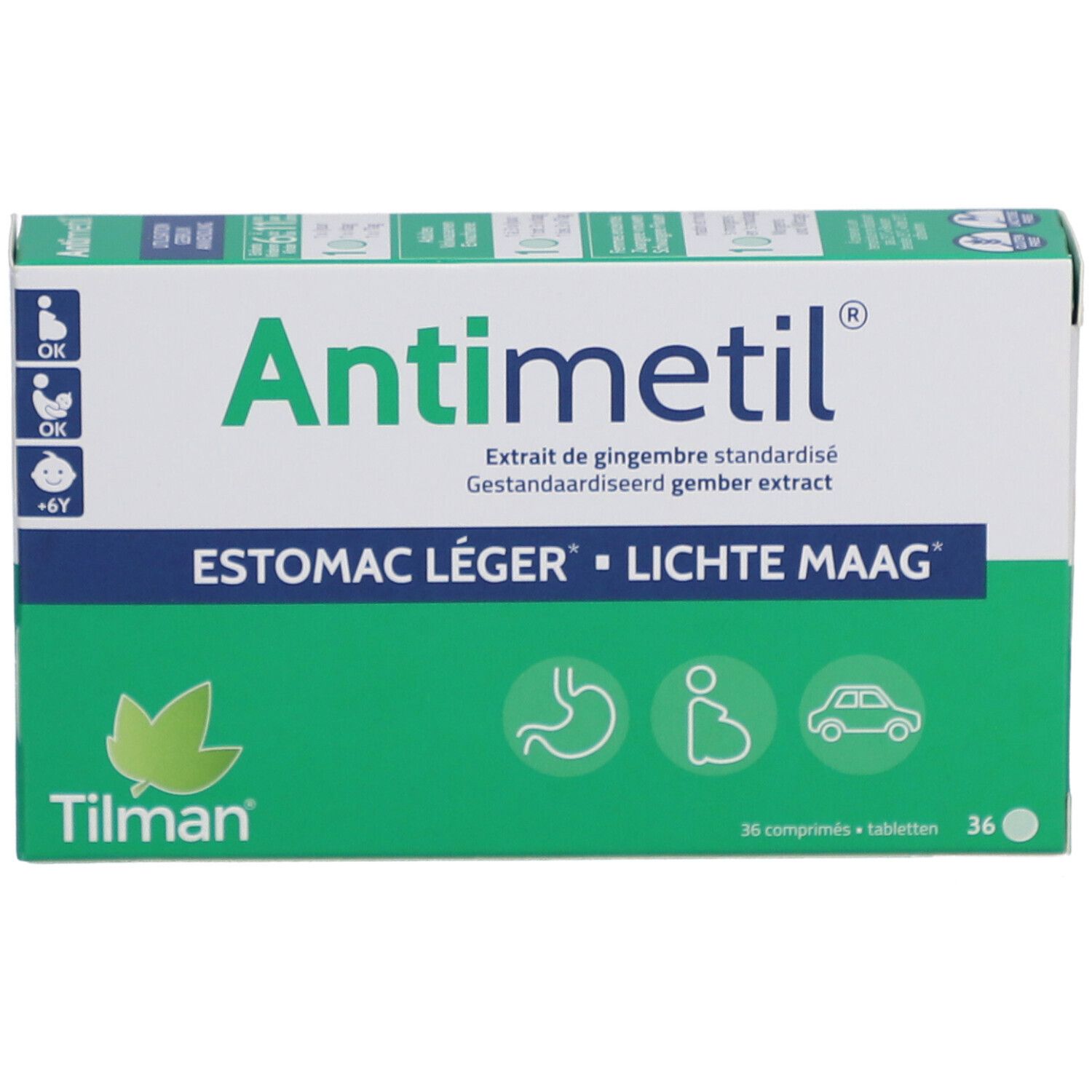 Antimetil®-Verpackung. Grün-weiße Schachtel mit Produktnamen und Illustrationen. 36 Tabletten.