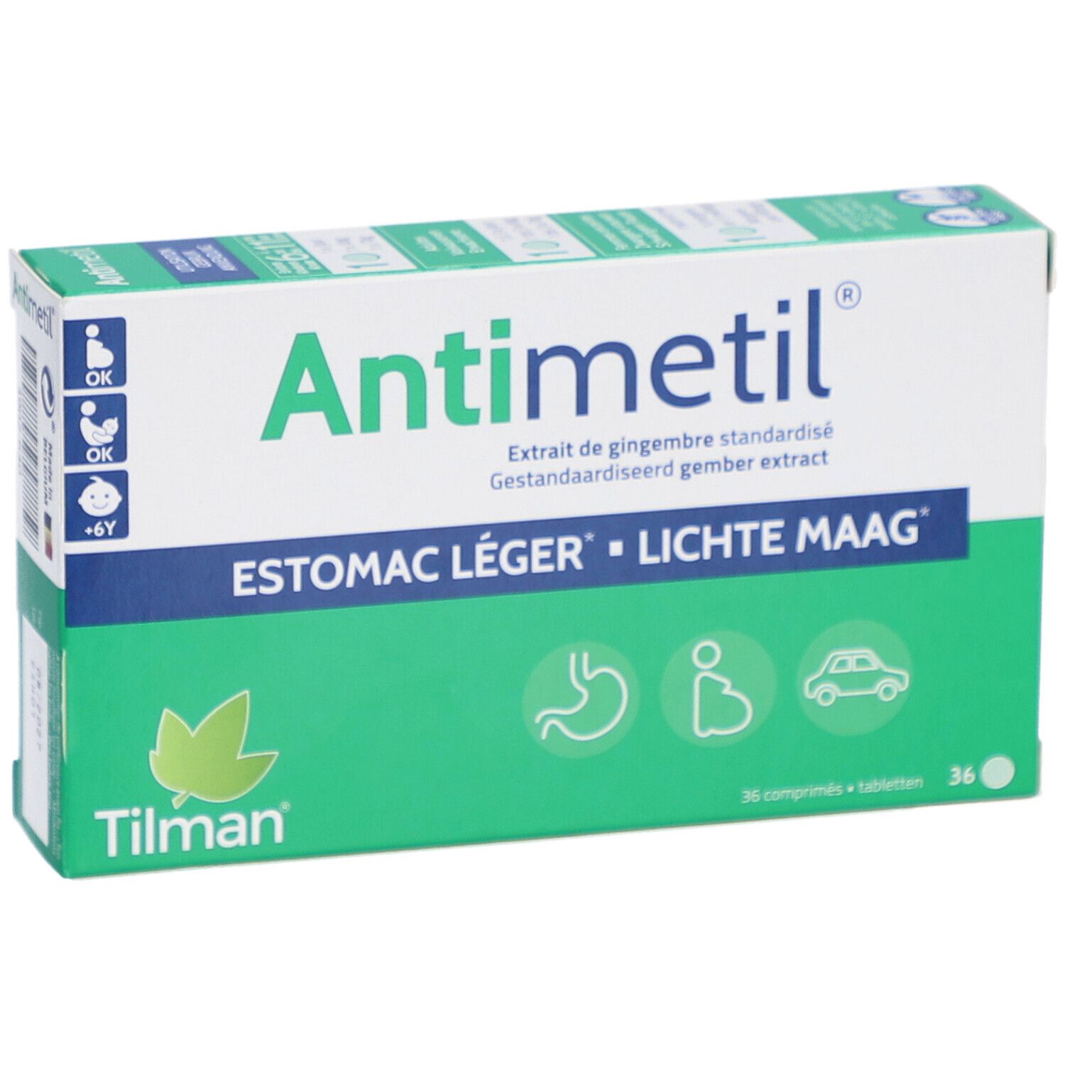 Antimetil®-Verpackung. Grün-weiße Schachtel mit Produktnamen und Illustrationen. 36 Tabletten.