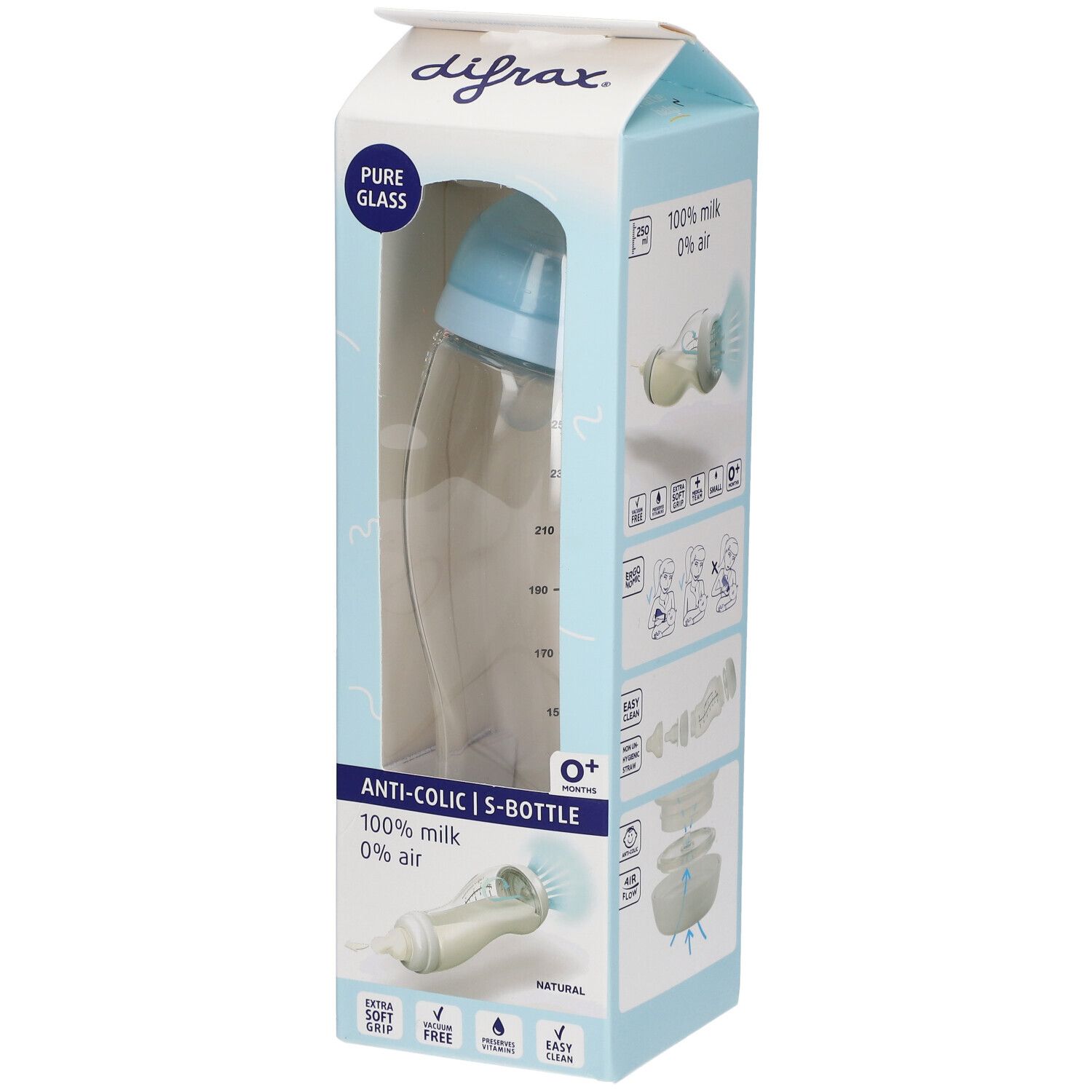 difrax® Biberon S Verre Natural Bleu 0+ mois 250 ml