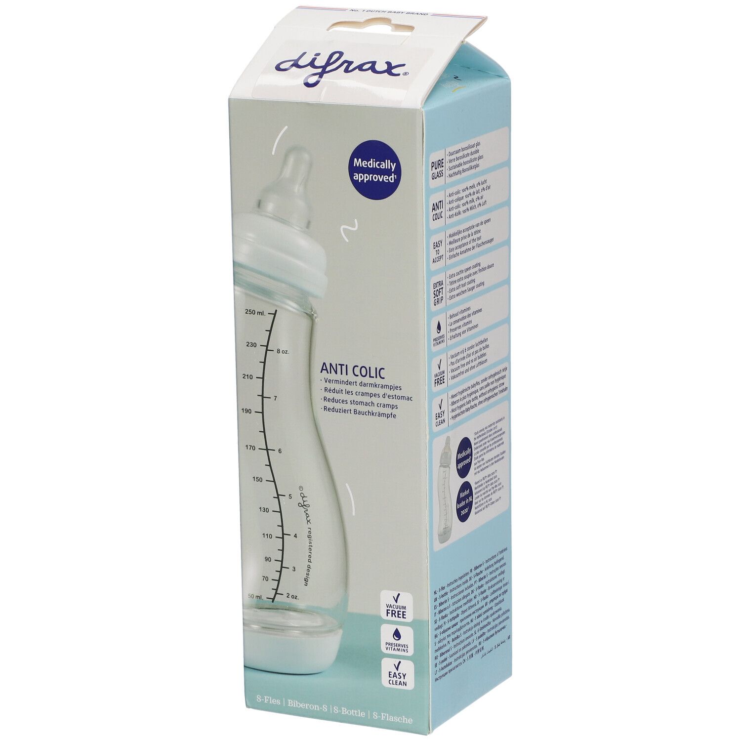 difrax® Biberon S Verre Natural Bleu 0+ mois 250 ml