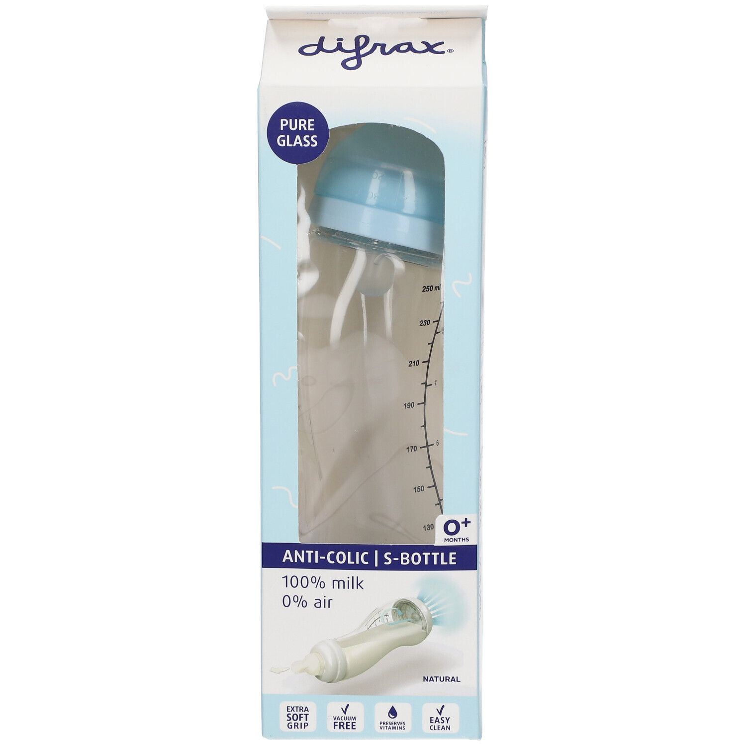 difrax® Babyflasche S Glas Natural Blau 0+ Monate