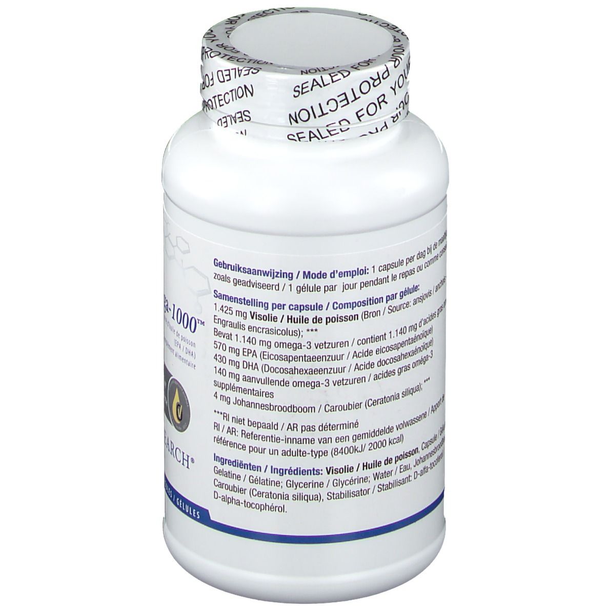 Dos du flacon blanc de gélules. Texte: Composition, ingrédients. Sceau: FOR YOUR PROTECTION.