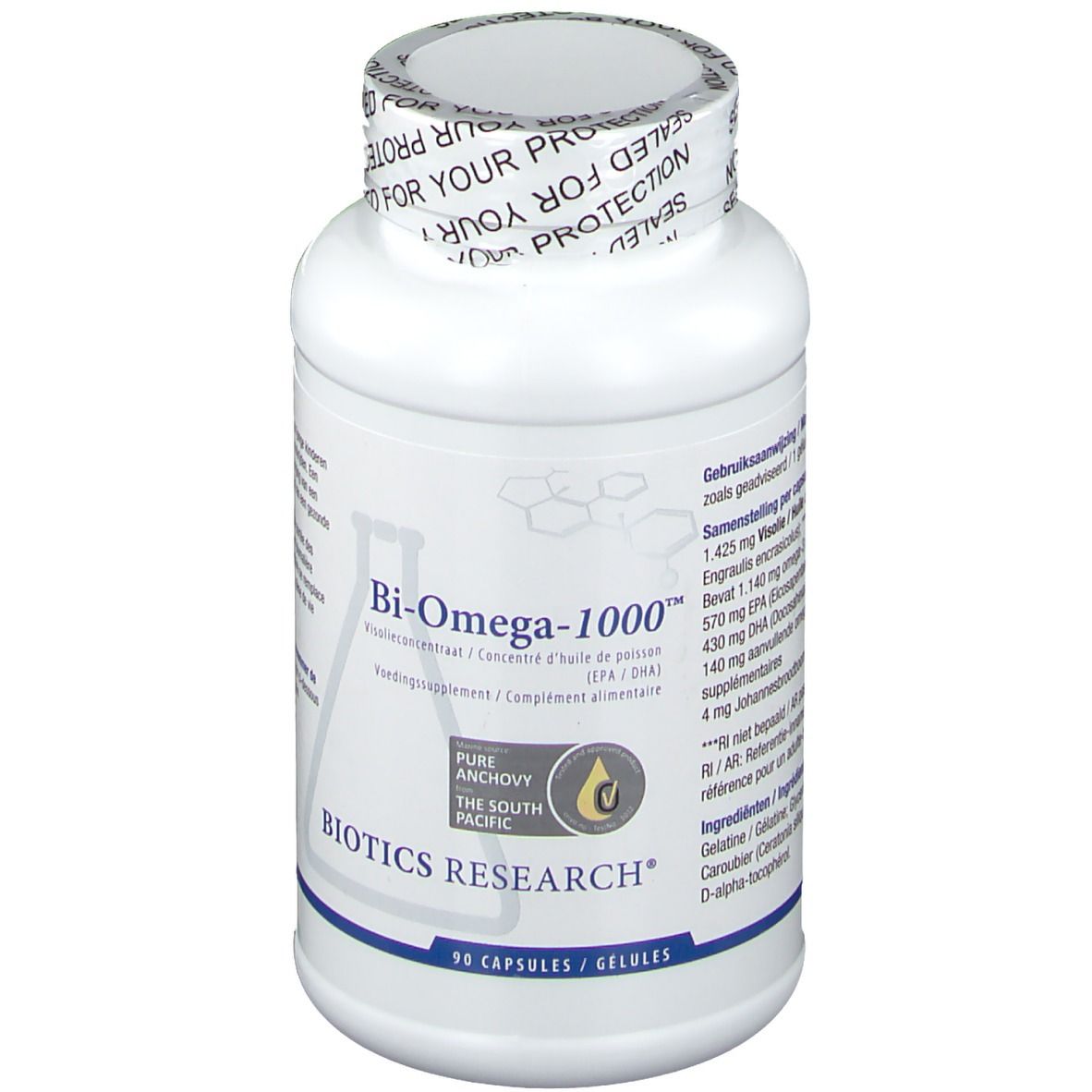 Flacon blanc de gélules. Inscription: Bi-Omega-1000, BIOTICS RESEARCH. 90 gélules. Sceau: FOR YOUR PROTECTION.