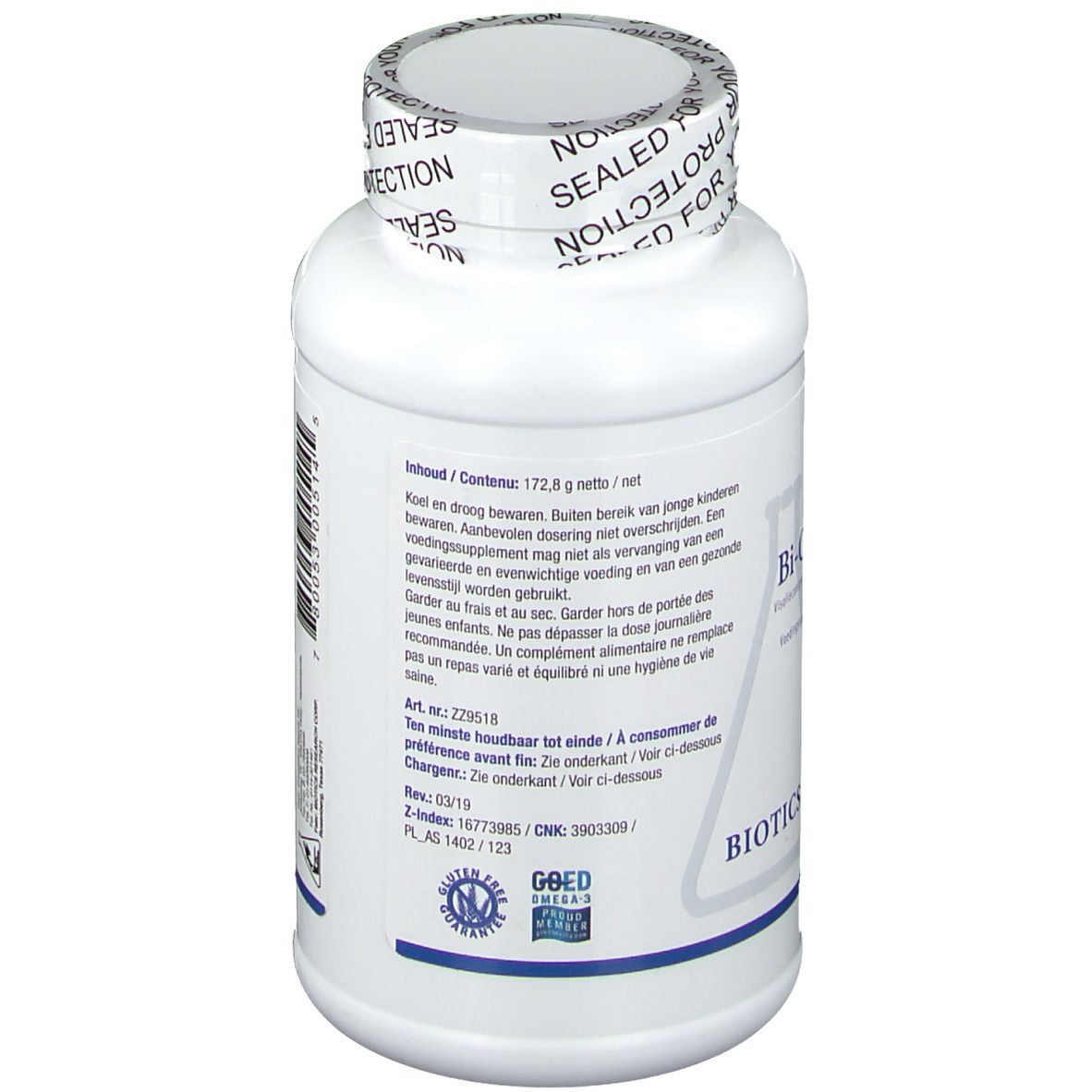 Dos du flacon blanc de gélules. Texte: Contenu, date de péremption, BIOTICS RESEARCH. Sceau: GOED.