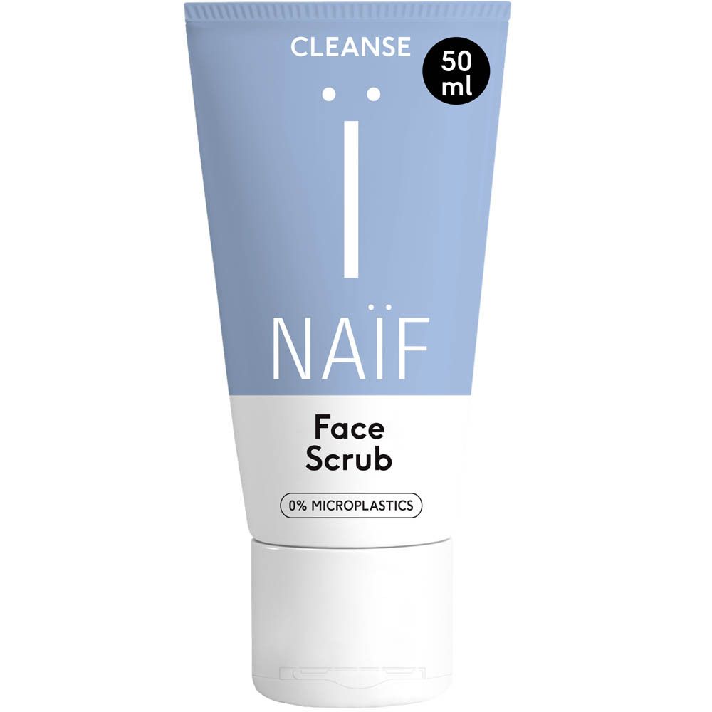Tube bleu clair avec bouchon blanc. Inscription: CLEANSE, NAÏF, Face Scrub. Texte: 0% microplastiques. 50 ml.