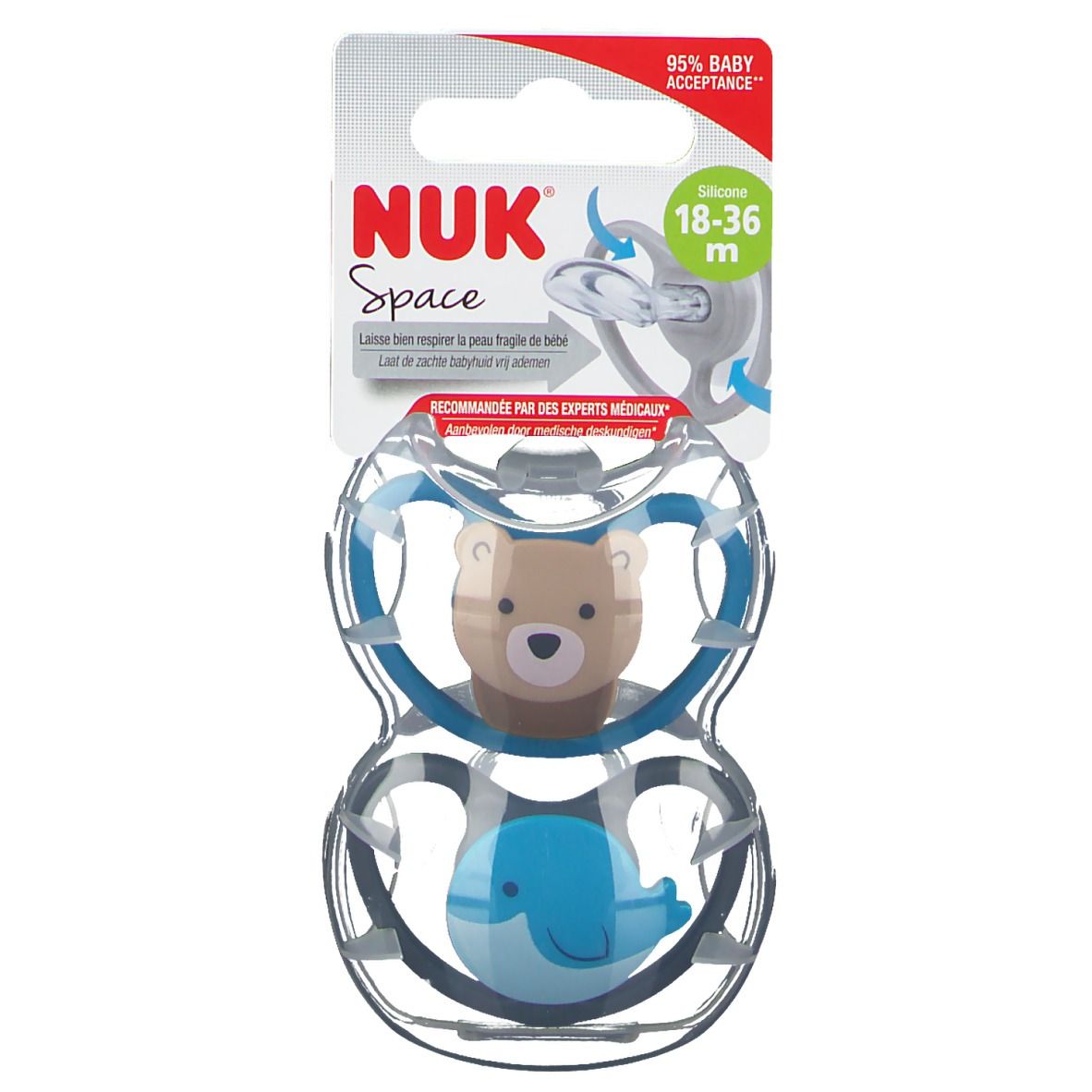 NUK Space 2 Sucettes Silicone 18-36 Mois