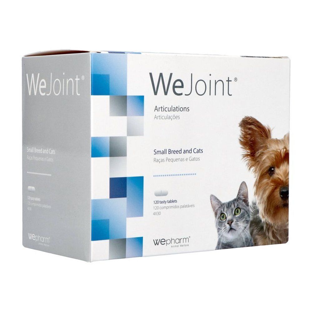 Boîte WeJoint. Articulations pour petites races et chats. 120 comprimés. Logo WePharm. Chien et chat.