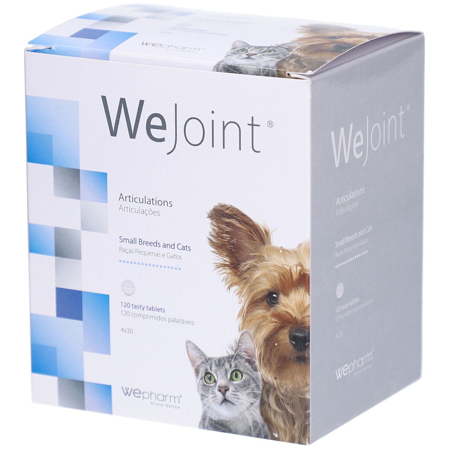 WeJoint-Verpackung. Articulations für kleine Rassen und Katzen. 120 Tabletten. WePharm-Logo. Abbildung von Hund und Katze.
