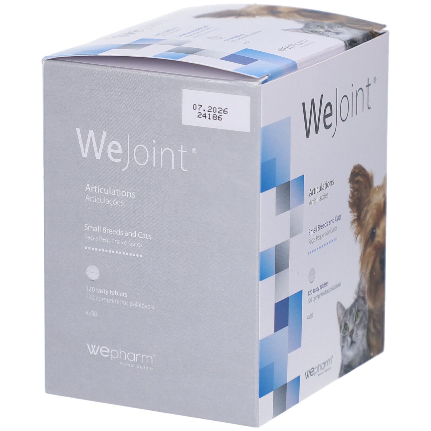WeJoint-Verpackung. Articulations für kleine Rassen und Katzen. 120 Tabletten. WePharm-Logo. Hund und Katze. Haltbarkeitsdatum.