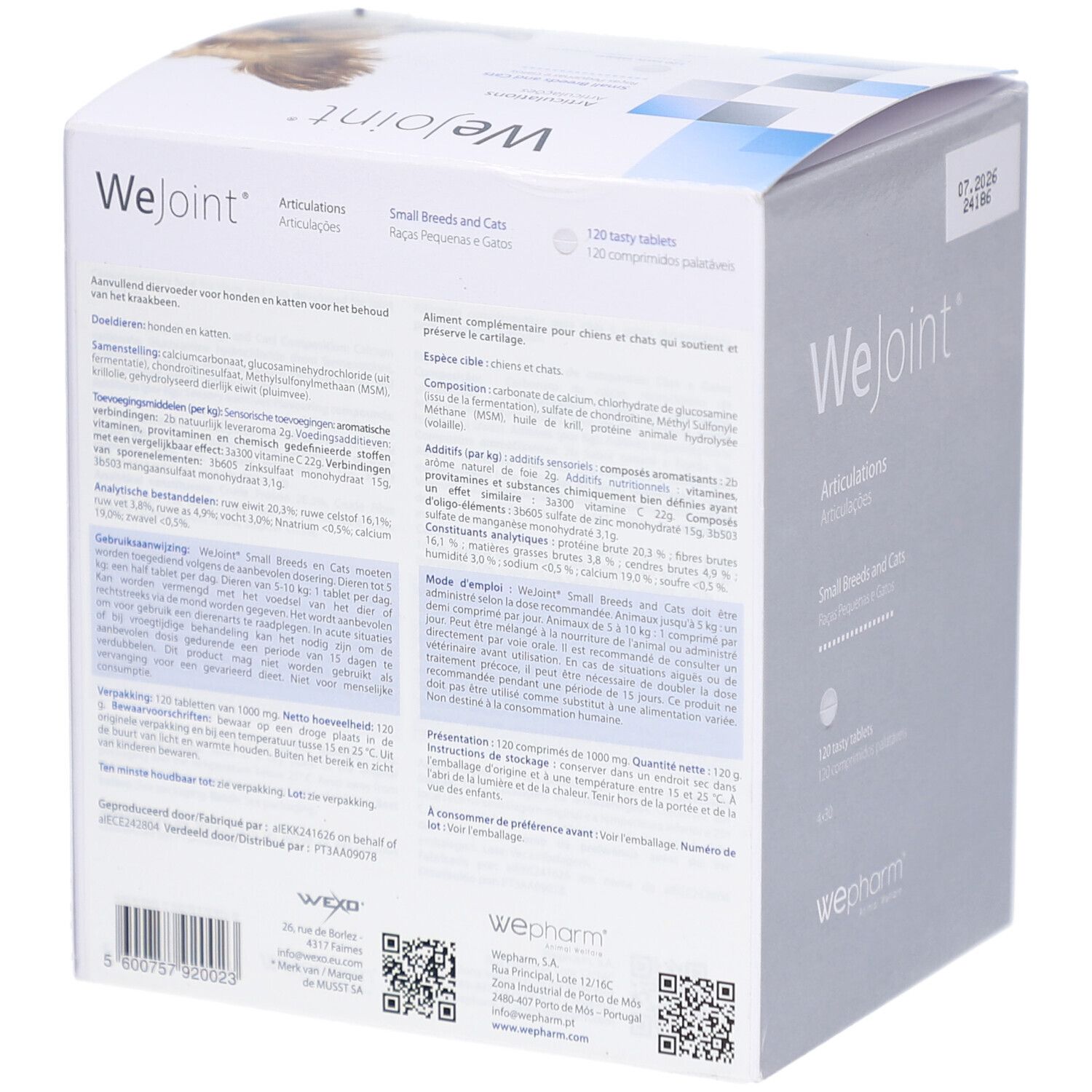 Rückseite der WeJoint-Verpackung. Text in mehreren Sprachen. WePharm-Logo. QR-Codes.
