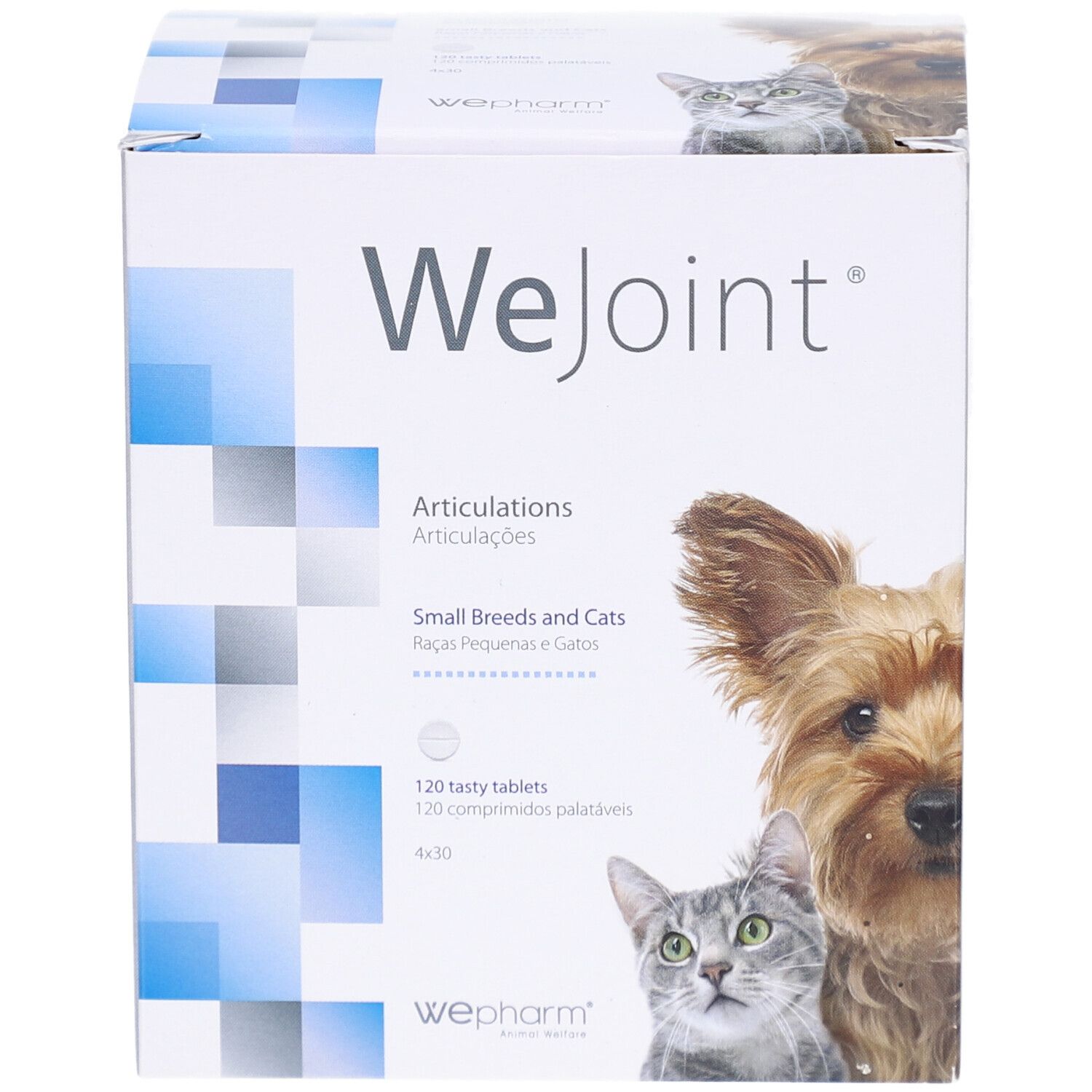 WeJoint-Verpackung. Articulations für kleine Rassen und Katzen. 120 Tabletten. WePharm-Logo. Abbildung von Hund und Katze.