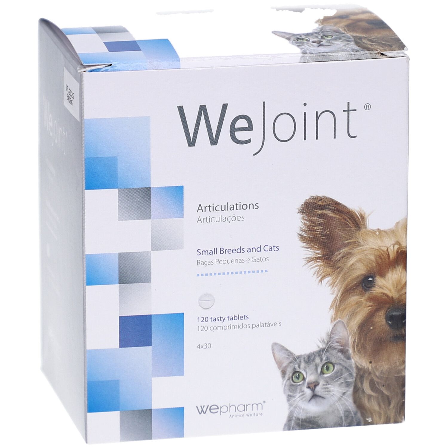 WeJoint-Verpackung. Articulations für kleine Rassen und Katzen. 120 Tabletten. WePharm-Logo. Hund und Katze. Leere Fläche.