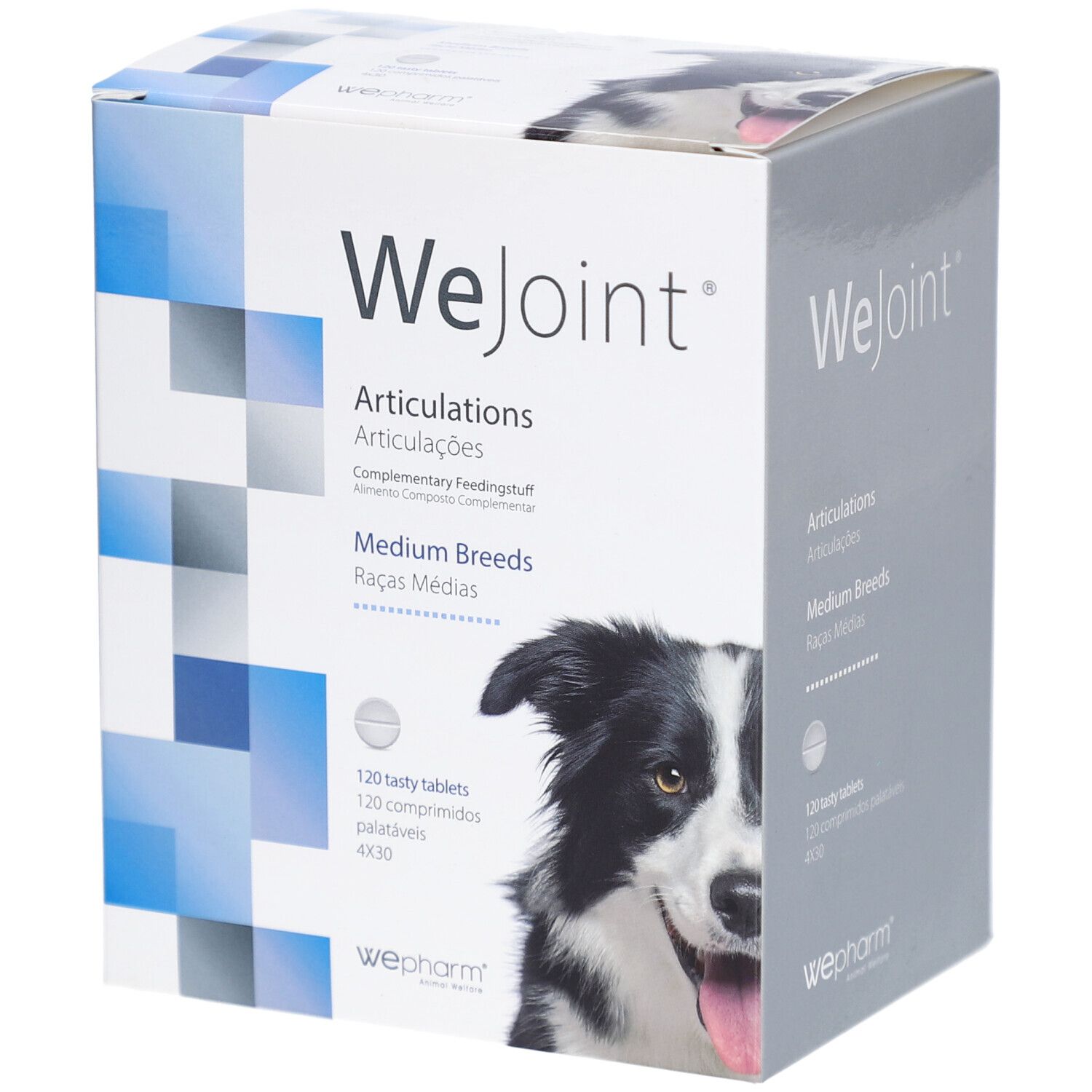 WeJoint-Verpackung für Hunde mittlerer Rassen. Enthält 120 Tabletten. WePharm-Logo unten. Abbildung eines Hundes.