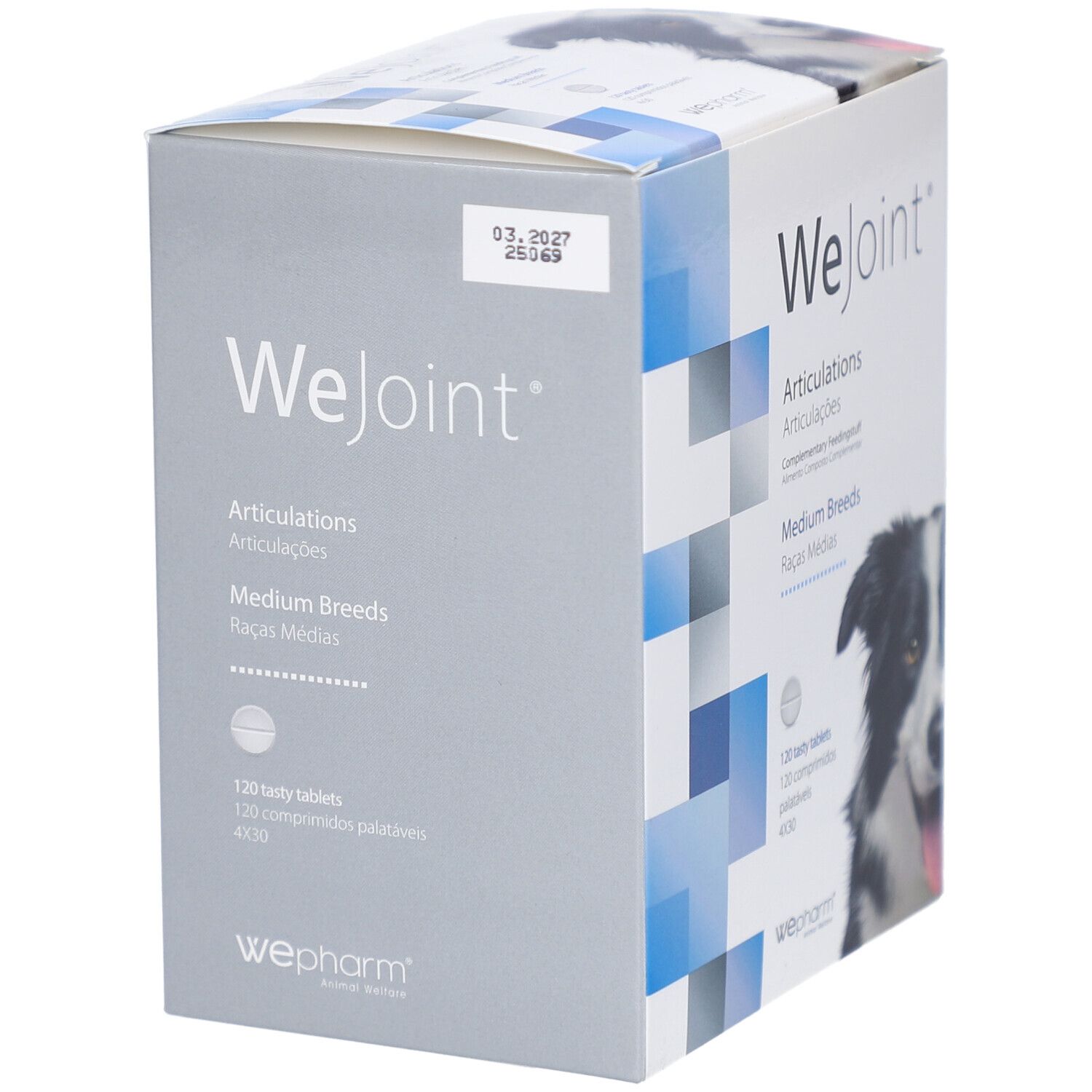 WeJoint-Verpackung für Hunde mittlerer Rassen. Enthält 120 Tabletten. WePharm-Logo. Verfallsdatum 03.2027.