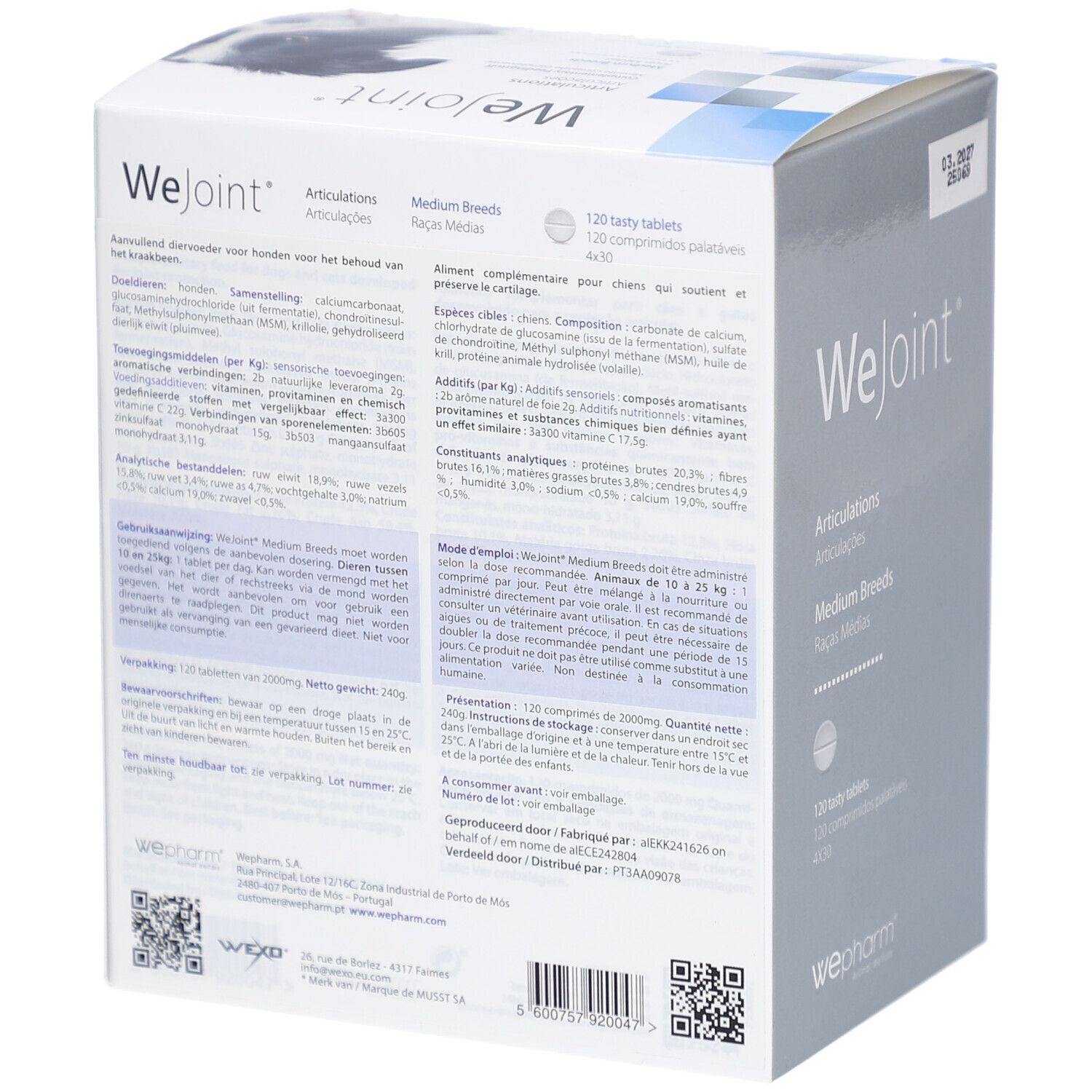 Rückseite der WeJoint-Verpackung. Enthält Informationen zu Inhaltsstoffen und Anwendung. WePharm-Logo unten.